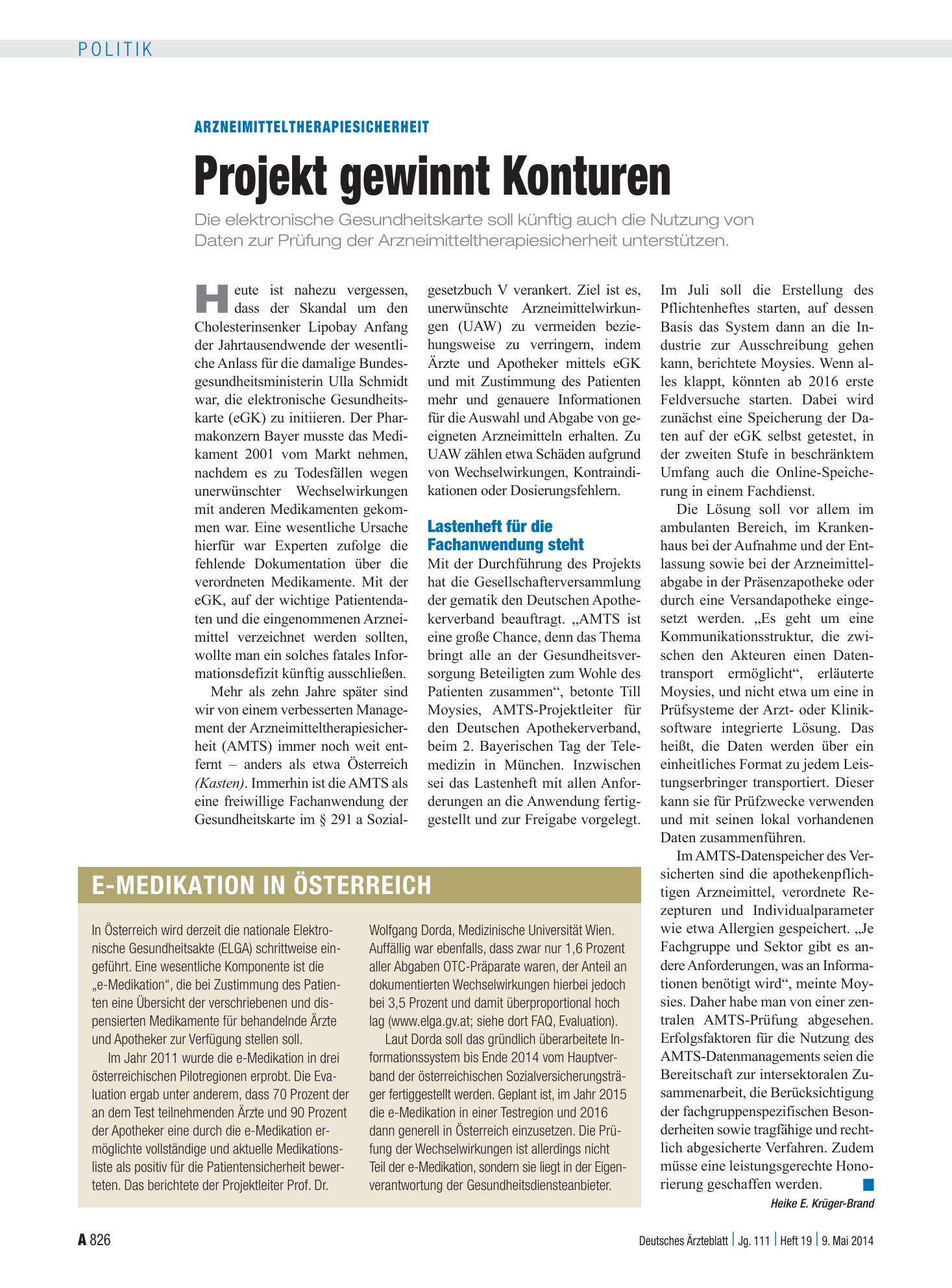 Vorschauseite 1: Arzneimitteltherapiesicherheit: Projekt gewinnt Konturen – Deutsches Ärzteblatt