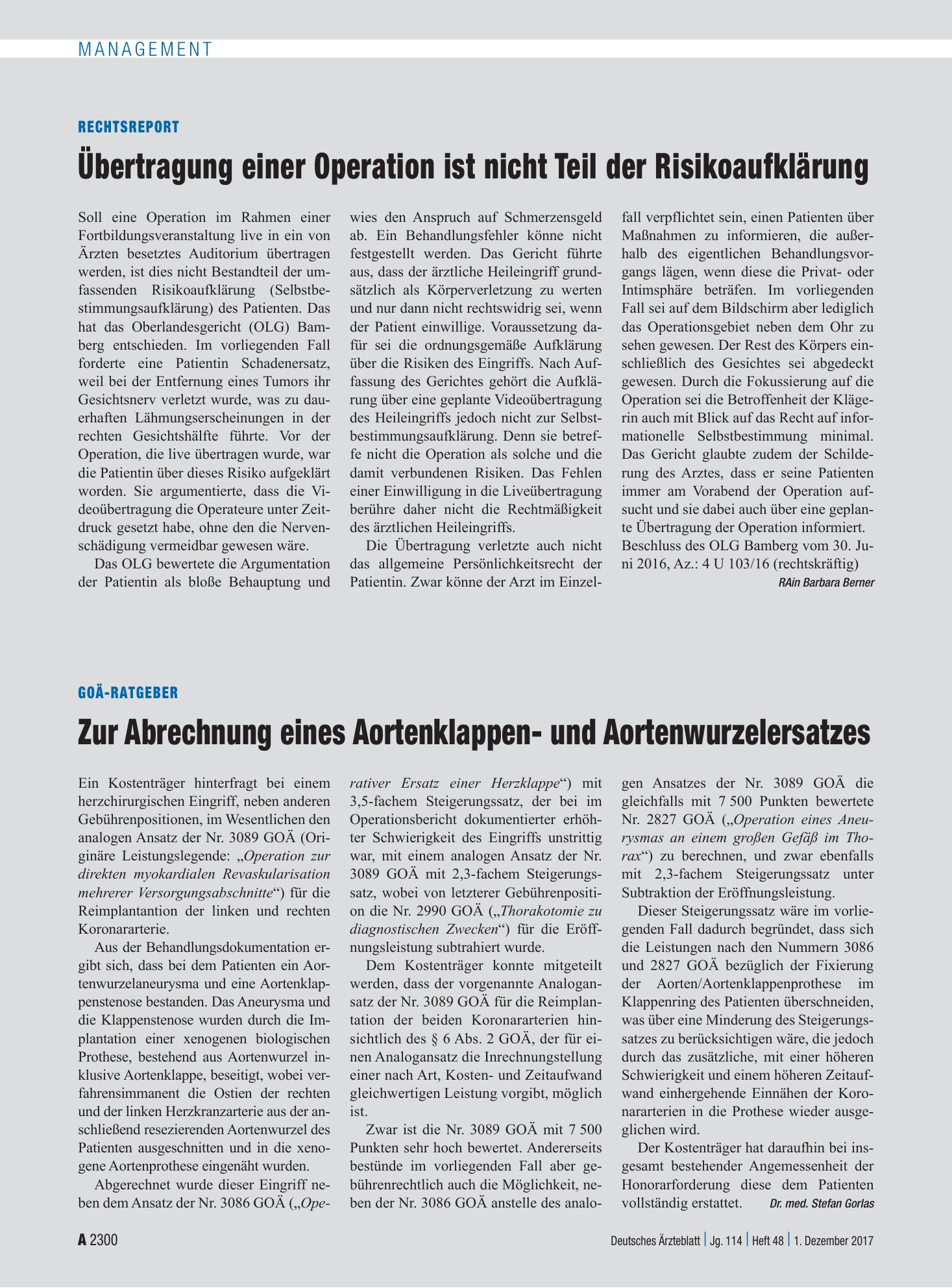 Vorschauseite 1: Rechtsreport: Übertragung einer Operation ist nicht Teil der Risikoaufklärung – Deutsches Ärzteblatt