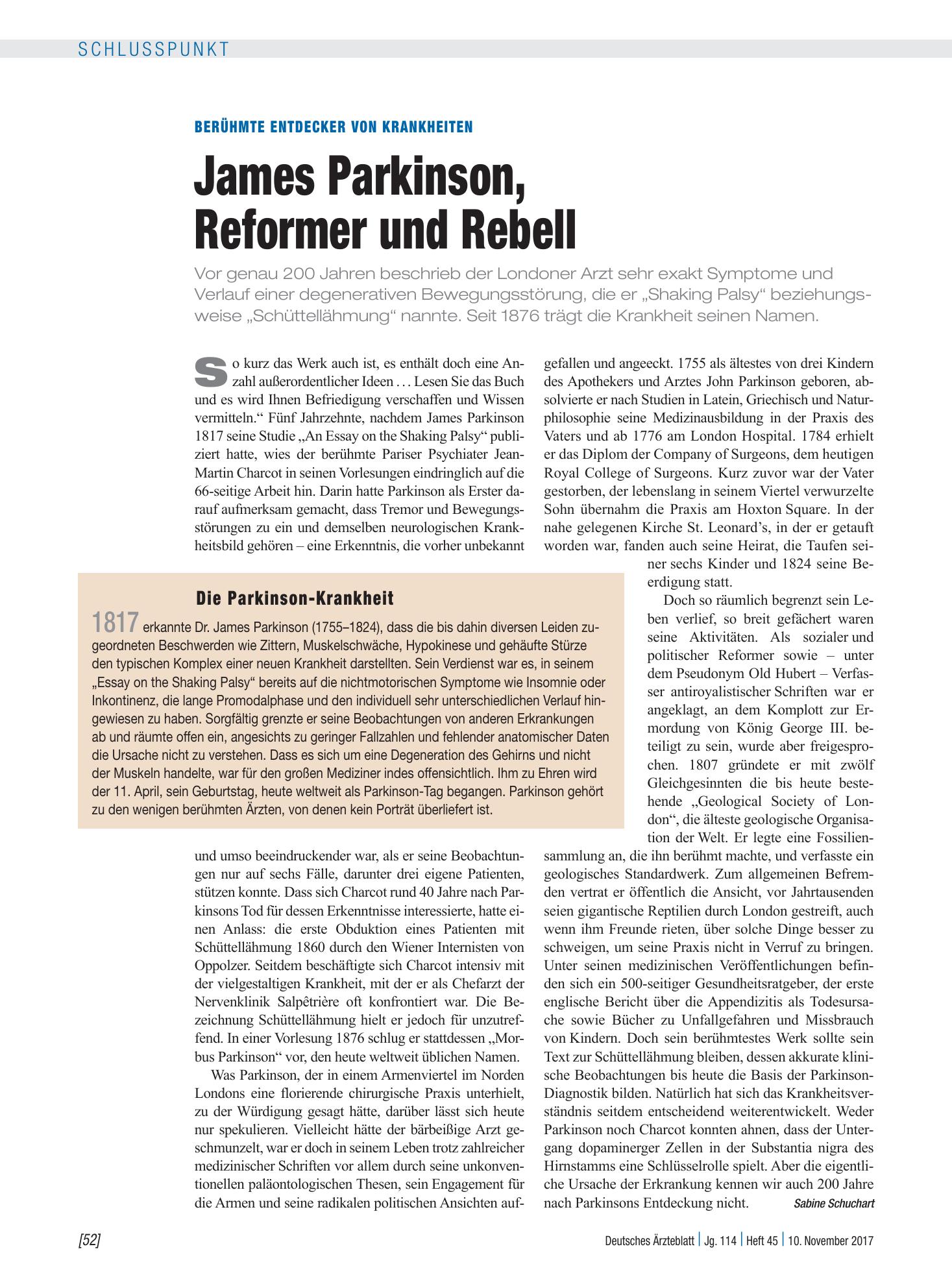 Vorschauseite 1: Berühmte Entdecker von Krankheiten: James Parkinson, Reformer und Rebell – Deutsches Ärzteblatt