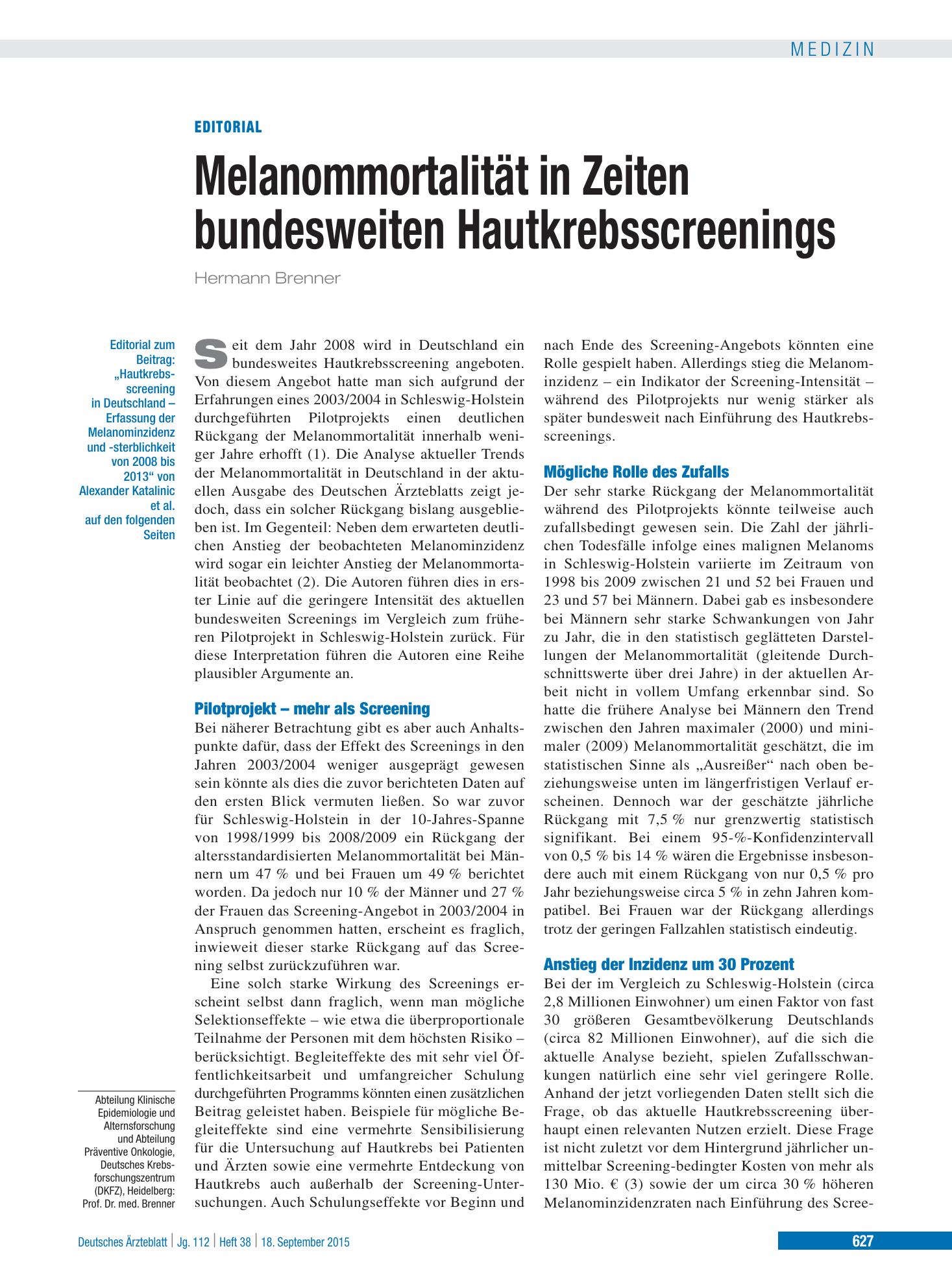 Vorschauseite 1: Hautkrebsscreening in Deutschland – Deutsches Ärzteblatt