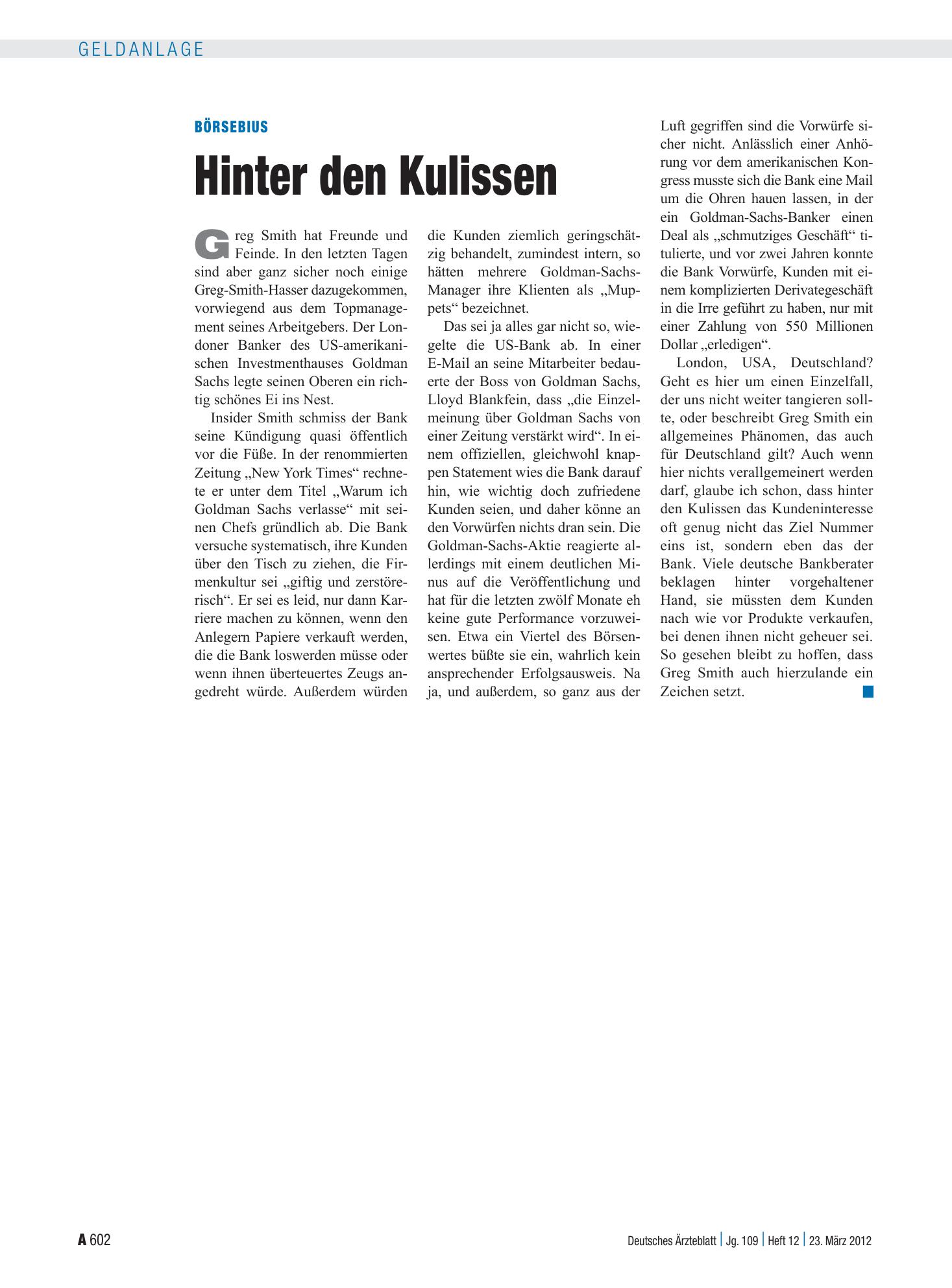 Vorschauseite 1: Börsebius: Hinter den Kulissen – Deutsches Ärzteblatt