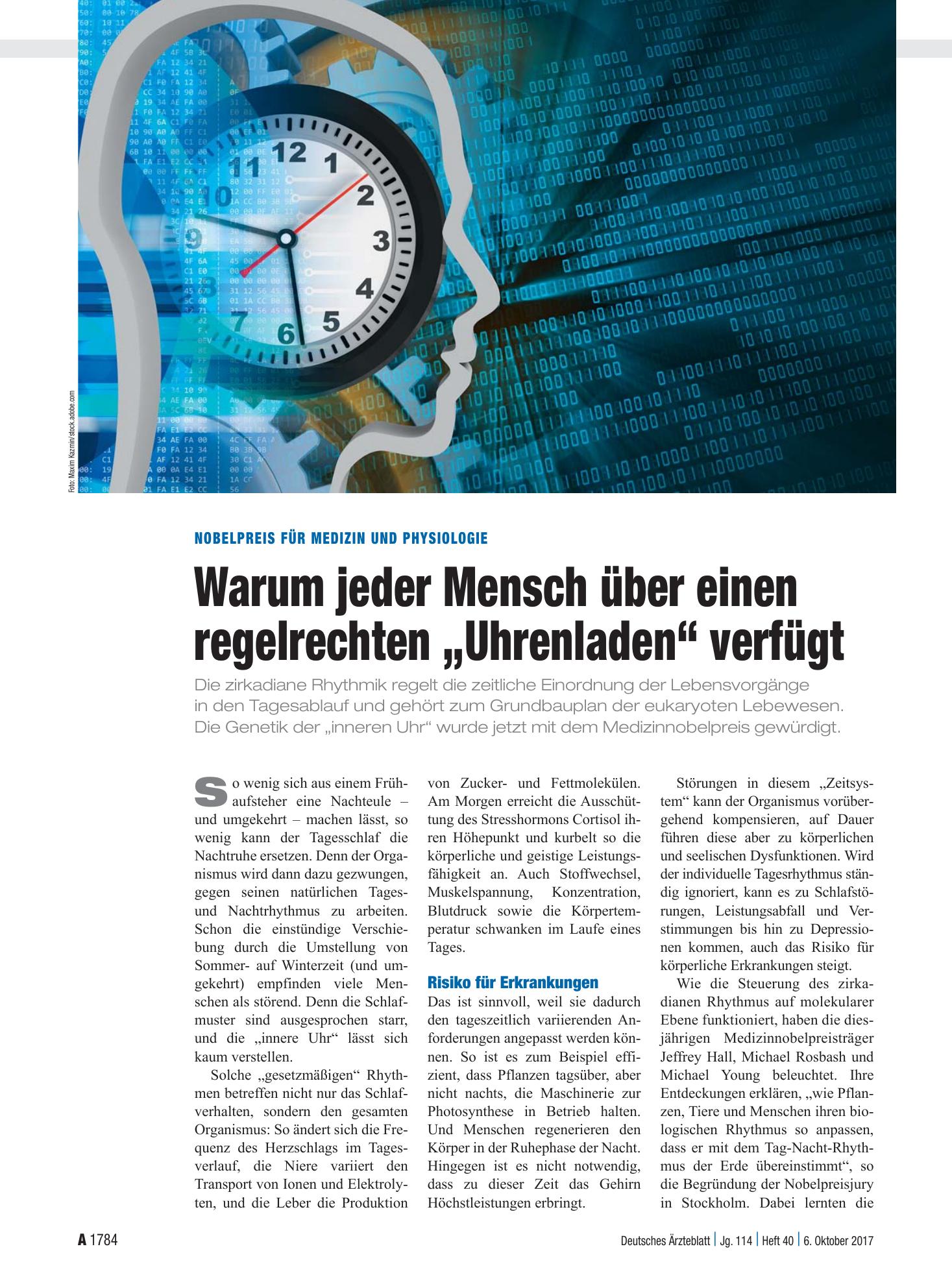 Vorschauseite 1: Nobelpreis für Medizin und Physiologie: Warum jeder Mensch über einen regelrechten „Uhrenladen“ verfügt – Deutsches Ärzteblatt