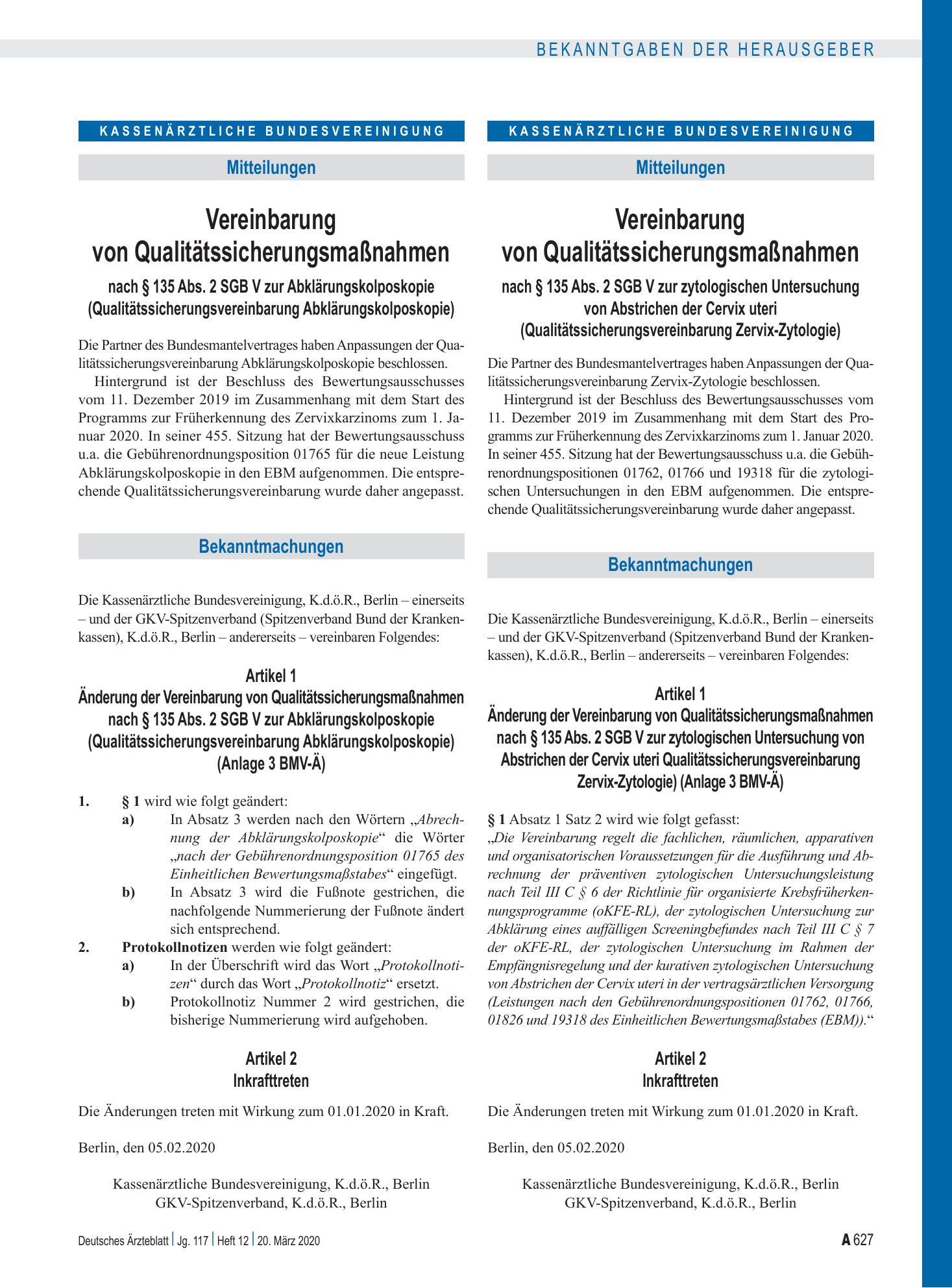 Vorschauseite 1: Vereinbarung von Qualitätssicherungsmaßnahmen: zytologischen Untersuchung von Abstrichen der Cervix uteri (Qualitätssicherungsvereinbarung Zervix-Zytologie) – Deutsches Ärzteblatt