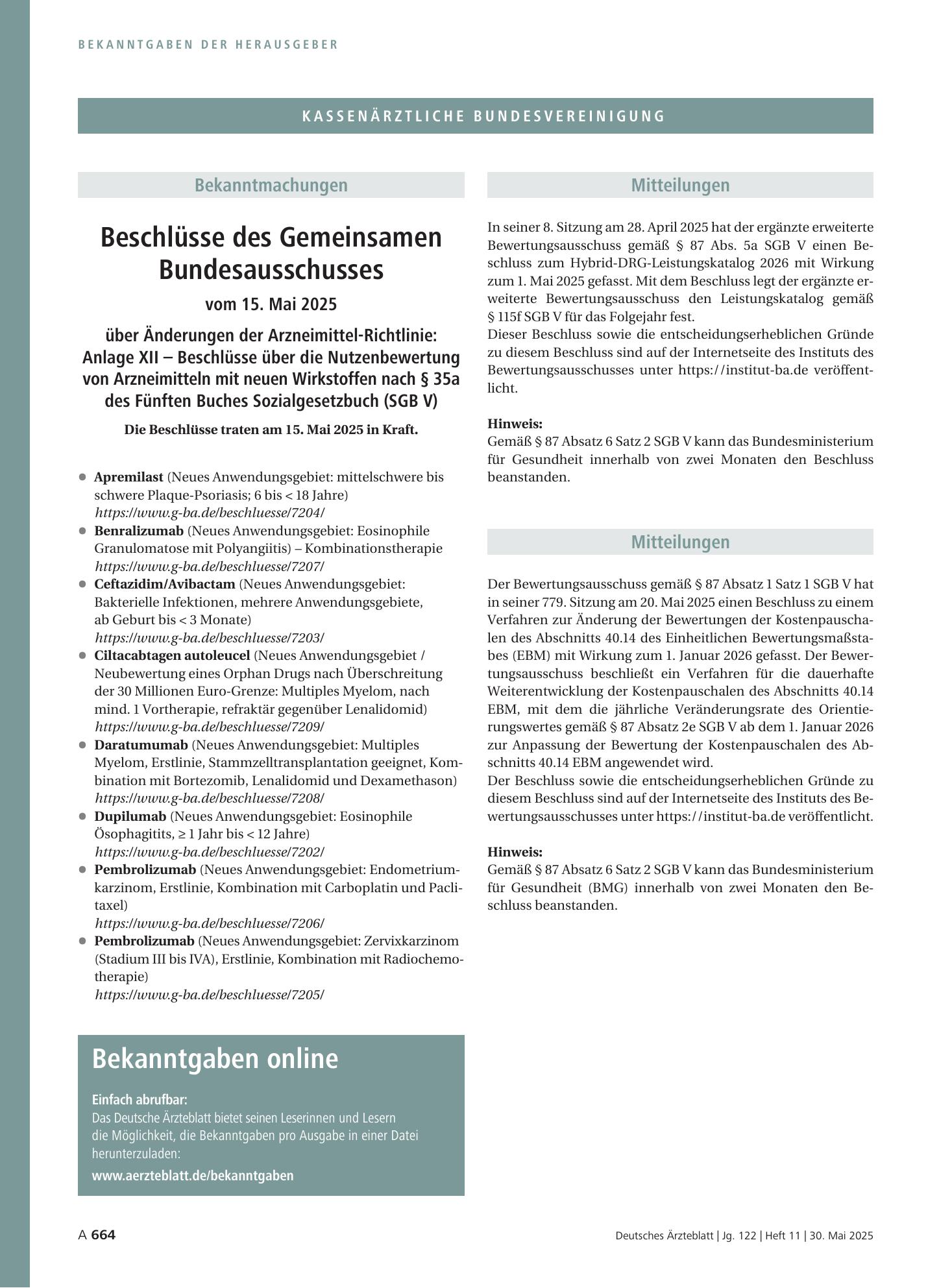 Vorschauseite 1: Mitteilungen – Deutsches Ärzteblatt