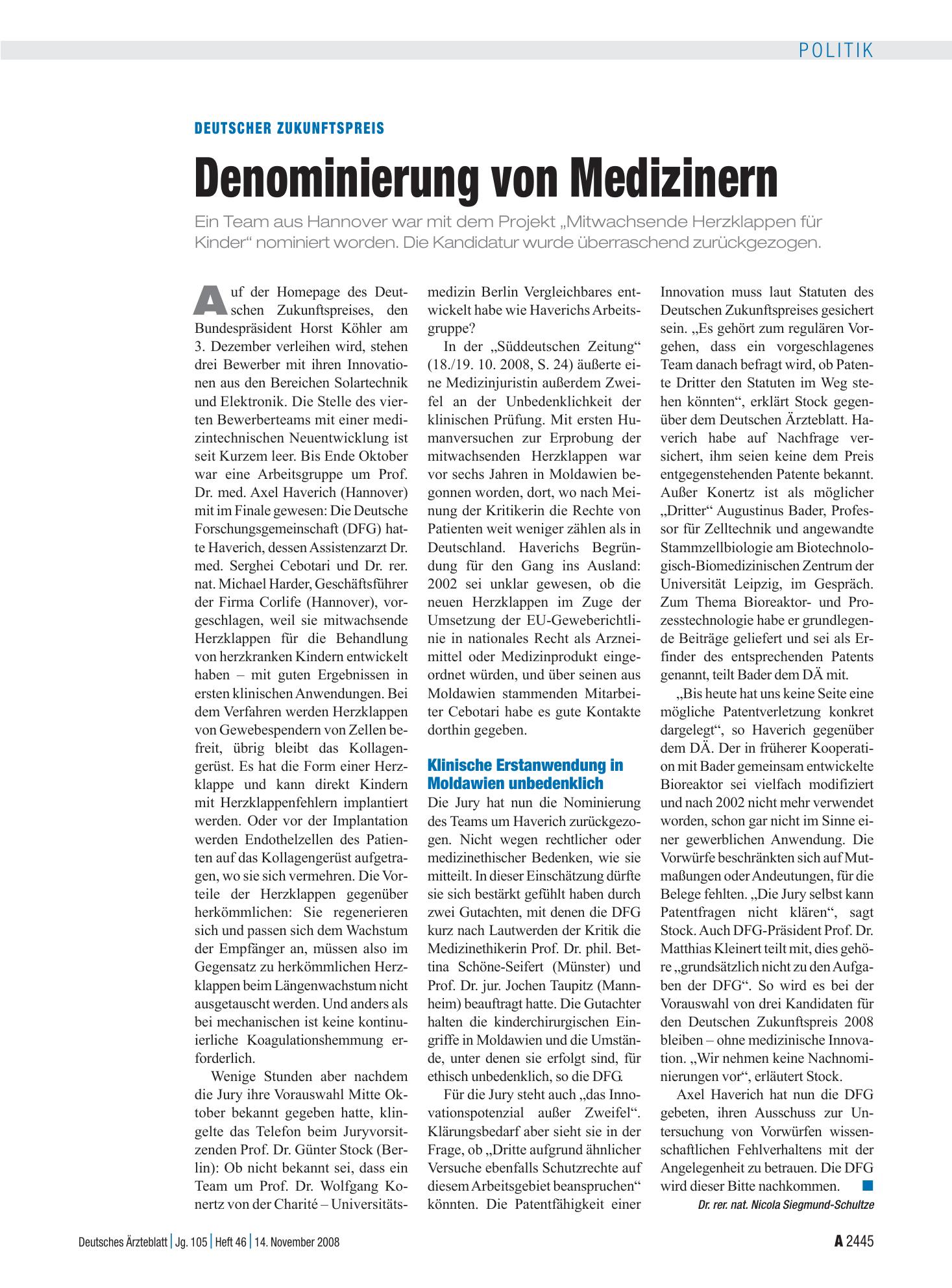 Vorschauseite 1: Deutscher Zukunftspreis: Denominierung von Medizinern – Deutsches Ärzteblatt