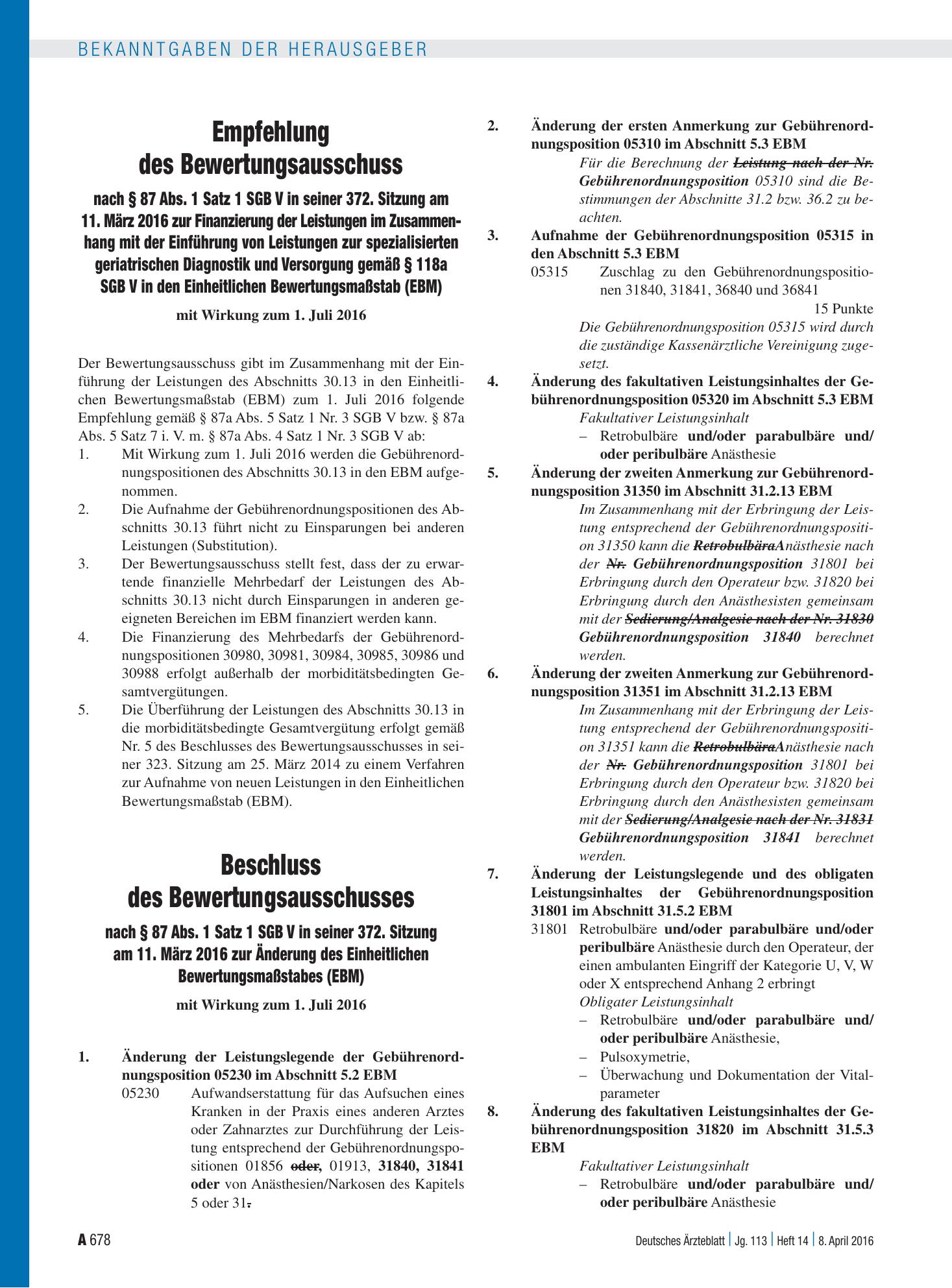 Vorschauseite 1: Beschluss des Bewertungsausschusses nach § 87 Abs. 1 Satz 1 SGB V in seiner 372. Sitzung am 11. März 2016 zur Änderung des Einheitlichen Bewertungsmaßstabes (EBM) – Deutsches Ärzt…