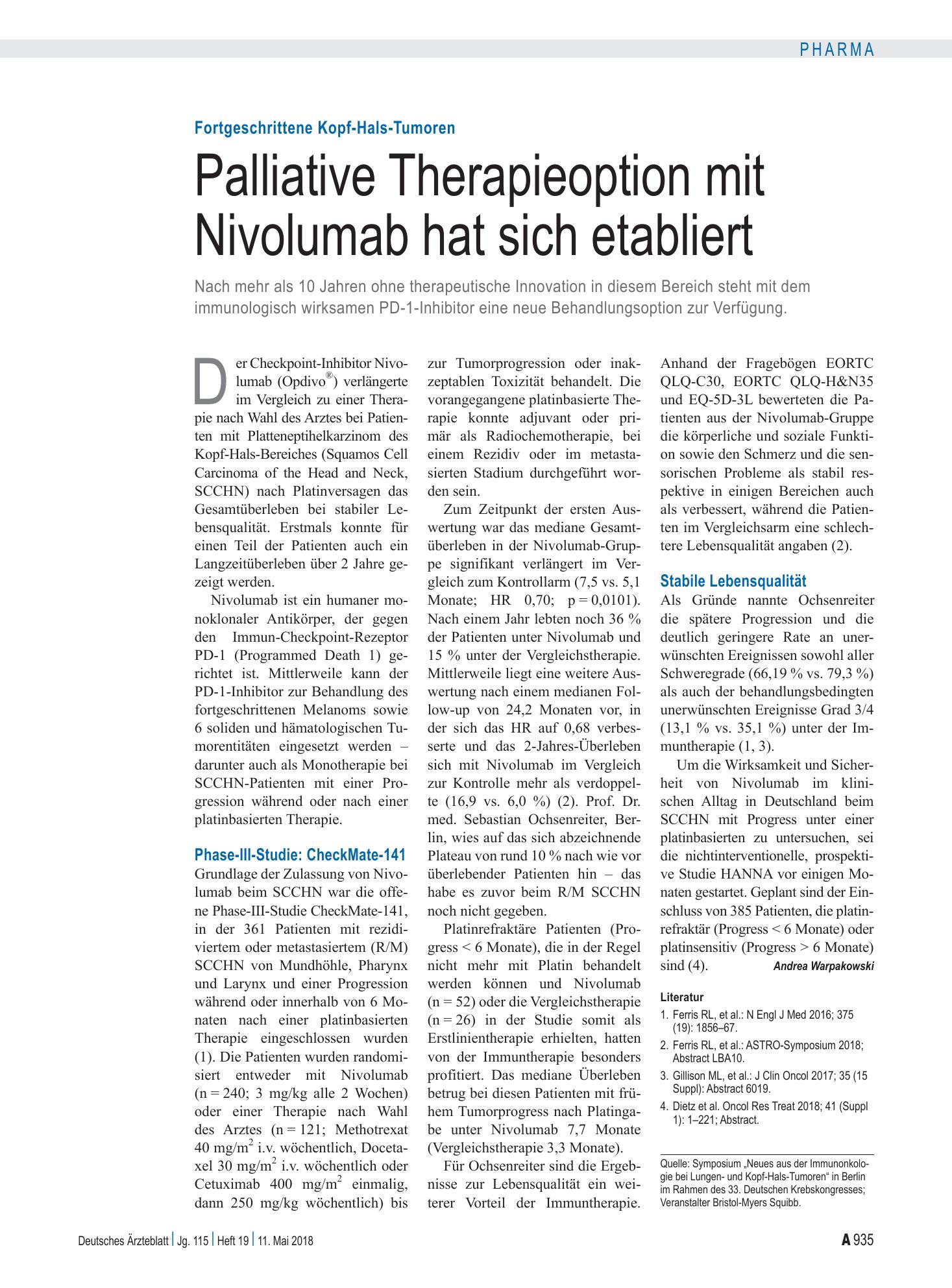 Vorschauseite 1: Fortgeschrittene Kopf-Hals-Tumoren: Palliative Therapieoption mit Nivolumab hat sich etabliert – Deutsches Ärzteblatt
