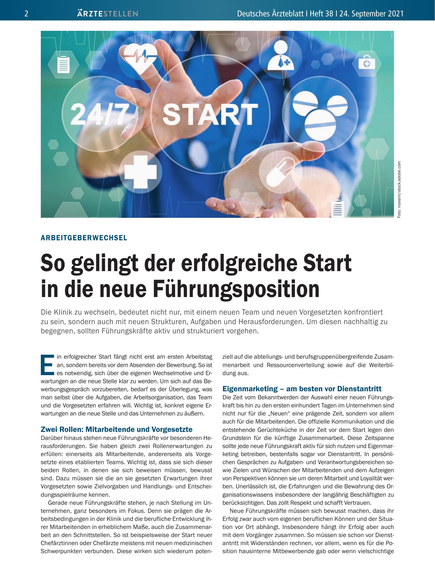 Vorschauseite 1: Arbeitgeberwechsel: So gelingt der erfolgreiche Start in die neue Führungsposition – Deutsches Ärzteblatt