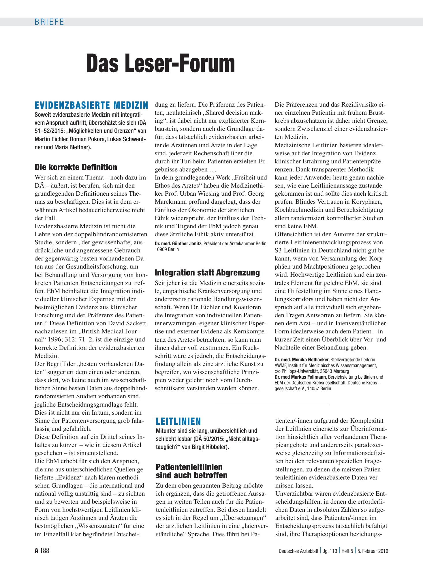 Vorschauseite 1: Evidenzbasierte Medizin: Integration statt Abgrenzung – Deutsches Ärzteblatt
