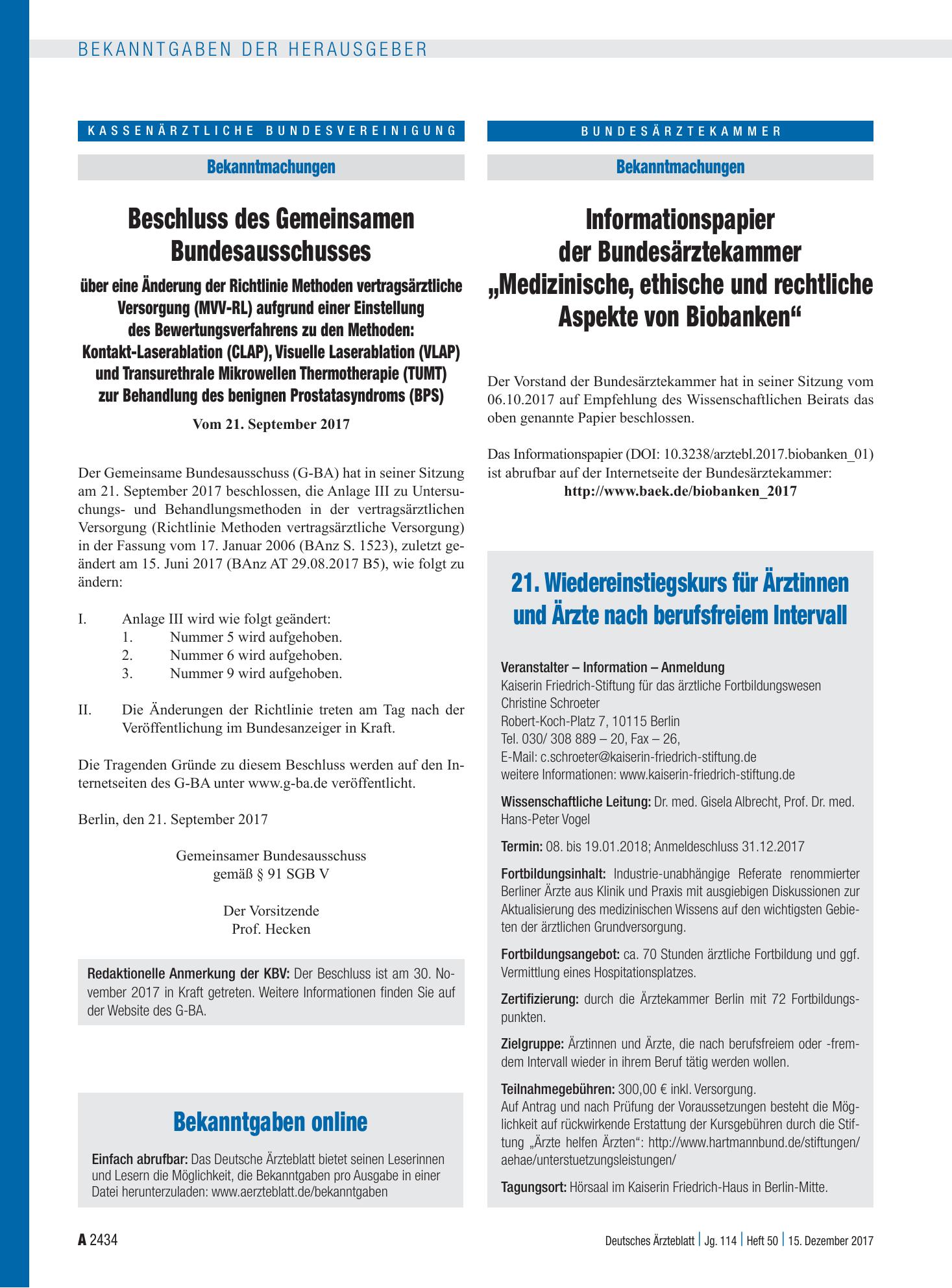 Vorschauseite 1: Bekanntgaben online – Deutsches Ärzteblatt