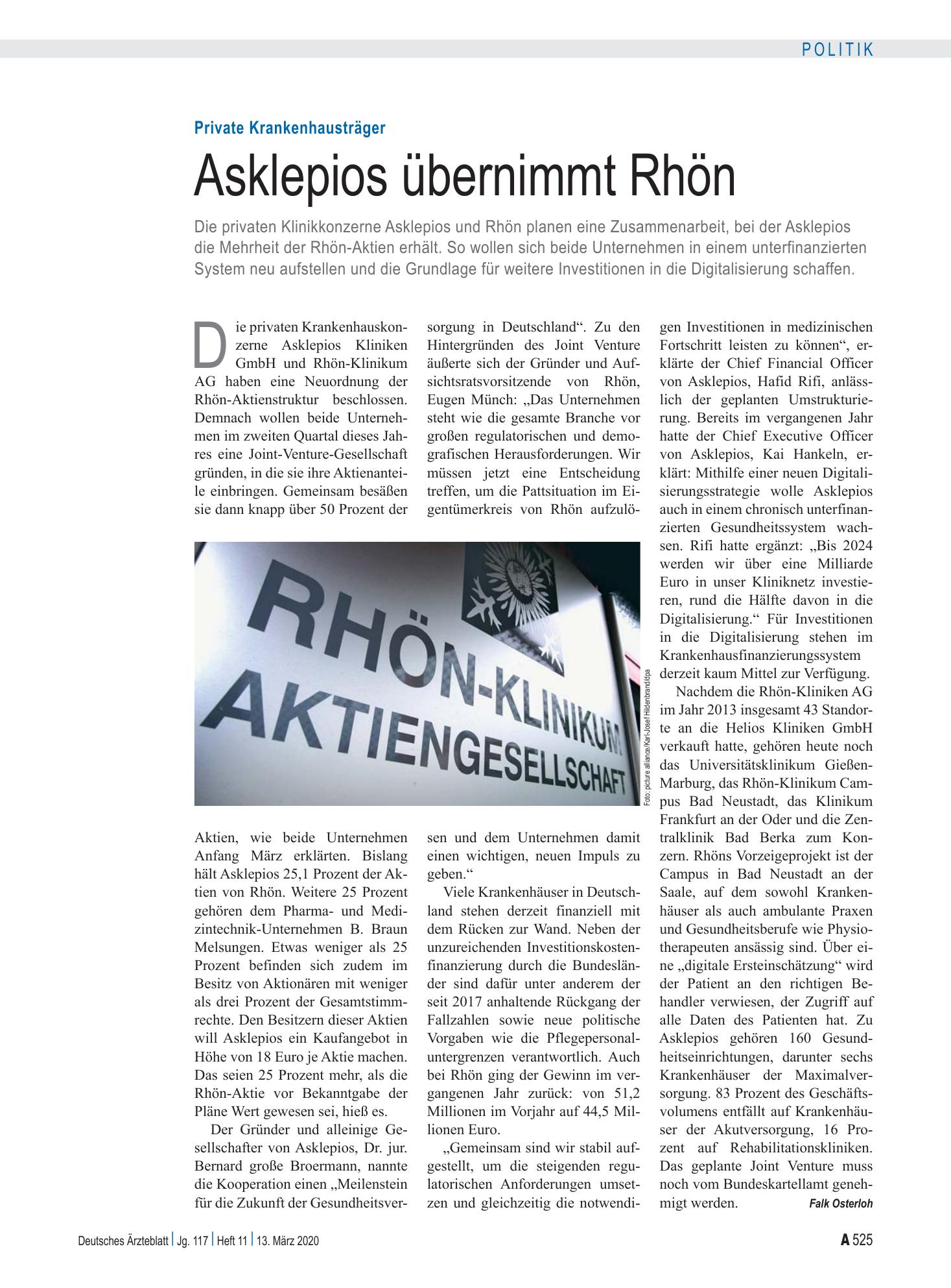 Vorschauseite 1: Private Krankenhausträger: Asklepios übernimmt Rhön – Deutsches Ärzteblatt