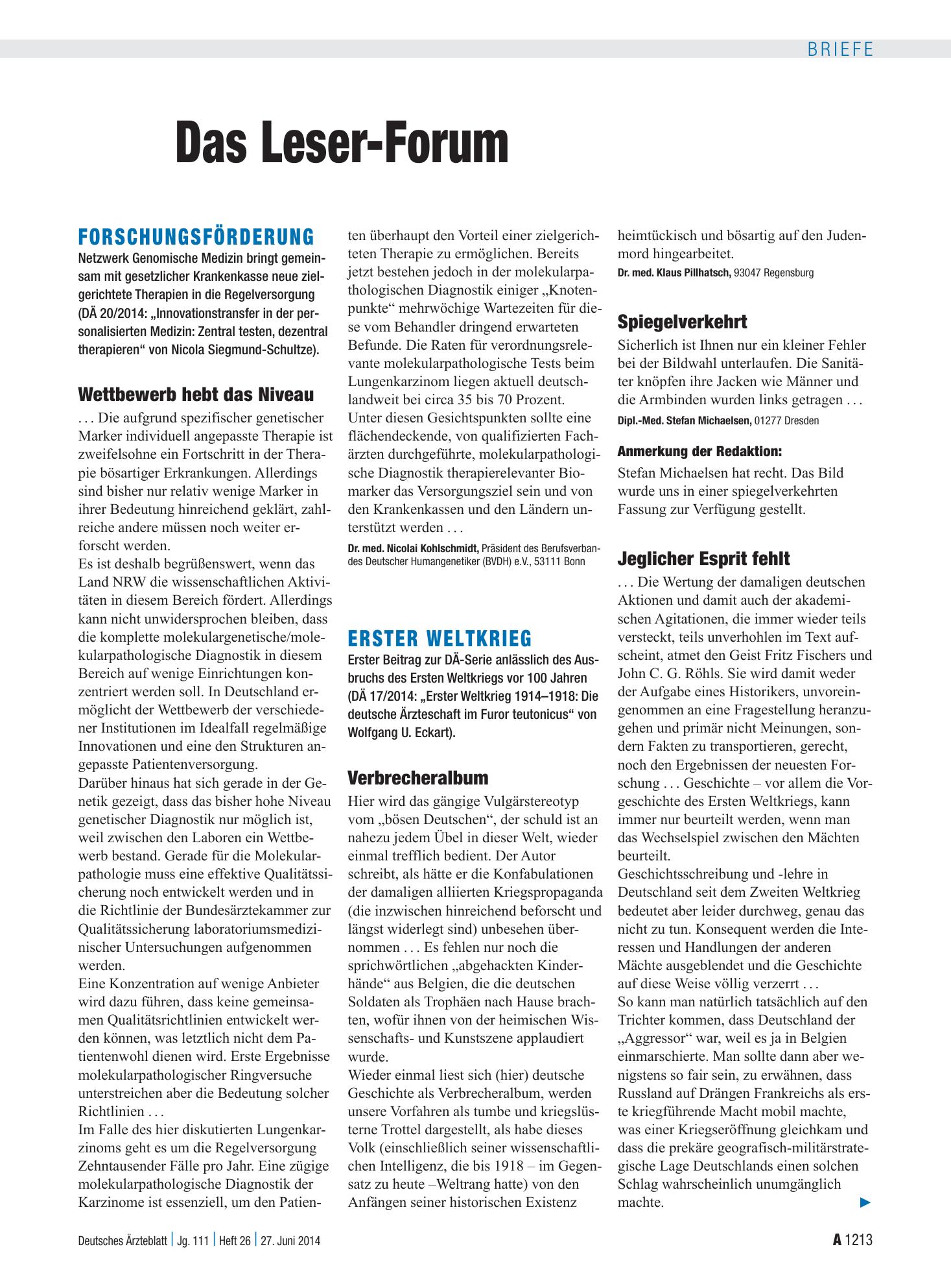 Vorschauseite 1: Erster Weltkrieg: Spiegelverkehrt – Deutsches Ärzteblatt