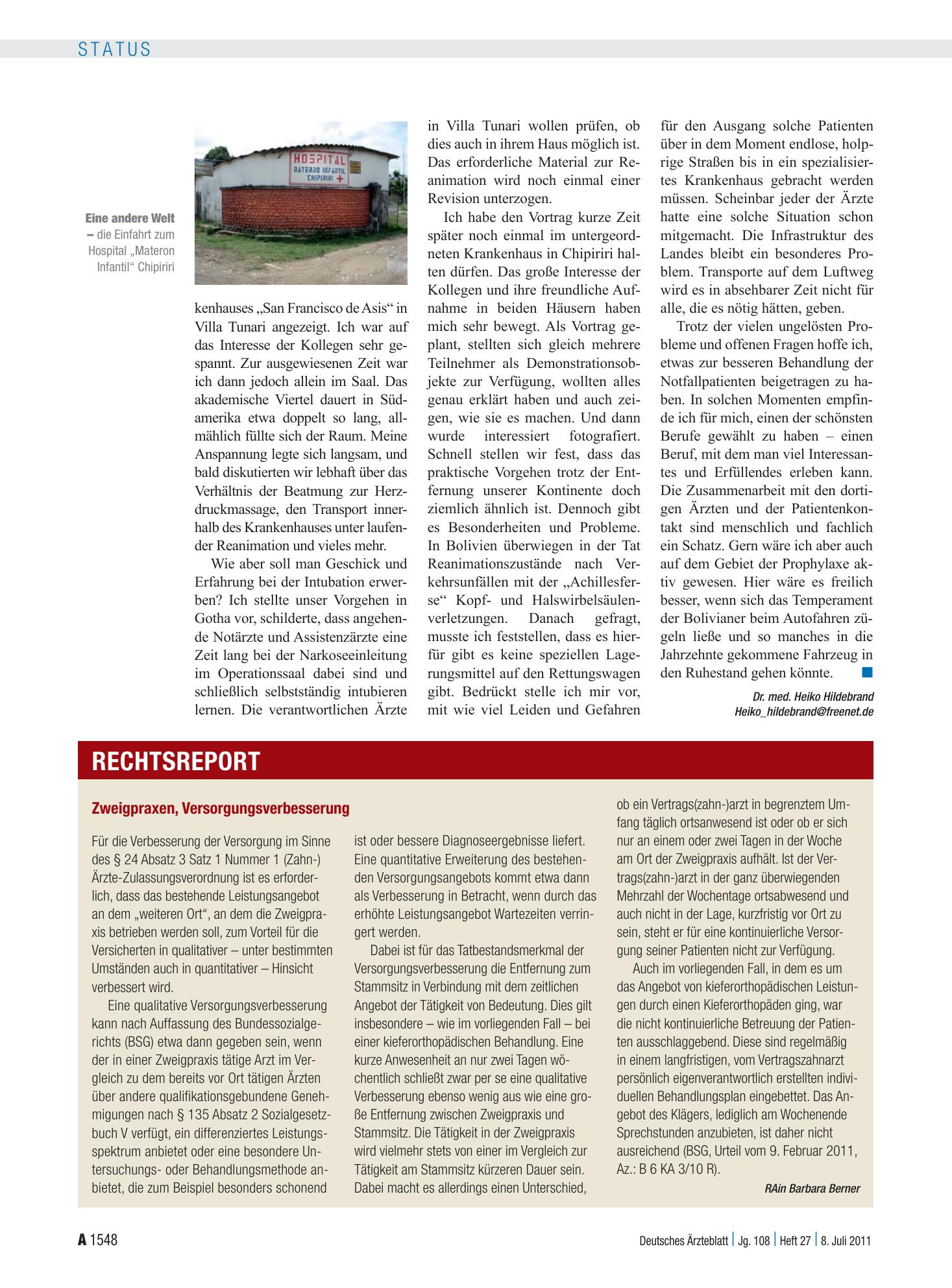 Vorschauseite 1: Zweigpraxen, Versorgungsverbesserung – Deutsches Ärzteblatt