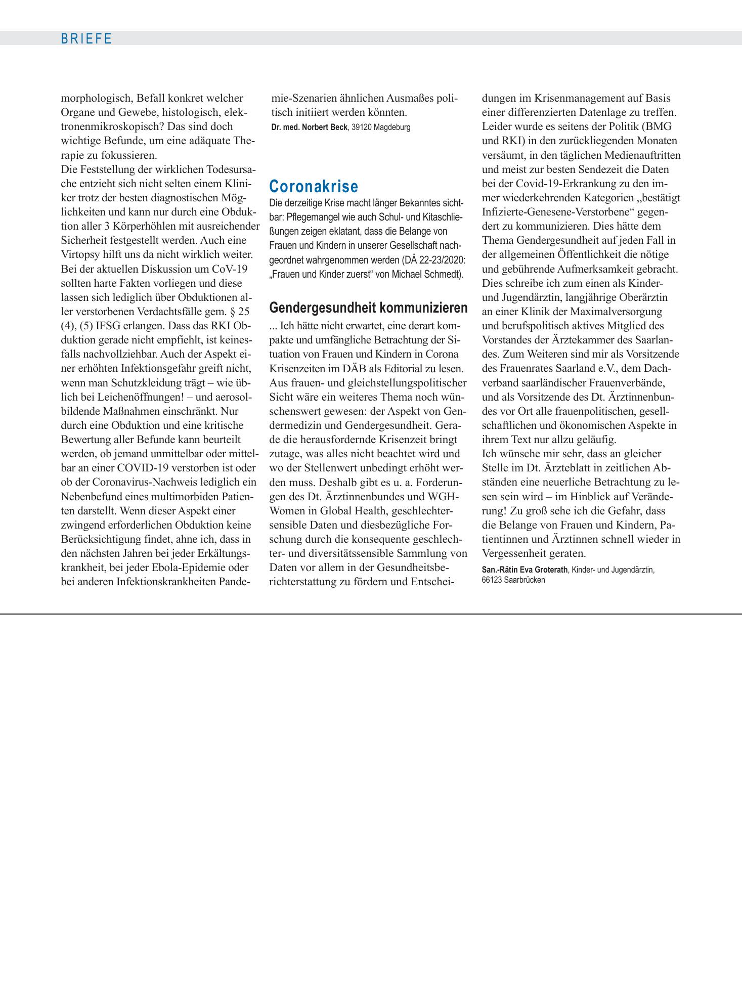 Vorschauseite 1: Coronakrise: Gendergesundheit kommunizieren – Deutsches Ärzteblatt