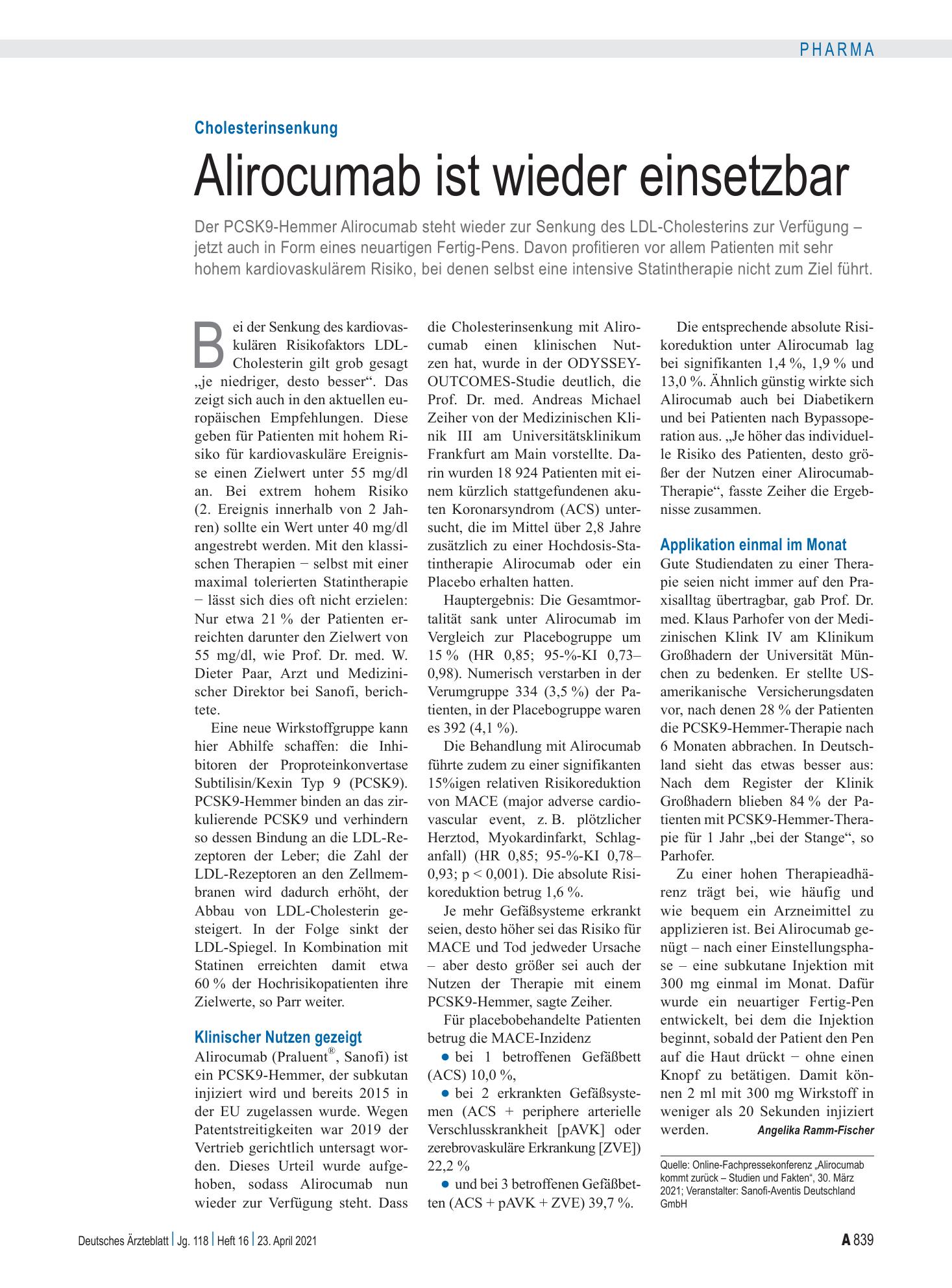 Vorschauseite 1: Cholesterinsenkung: Alirocumab ist wieder einsetzbar – Deutsches Ärzteblatt