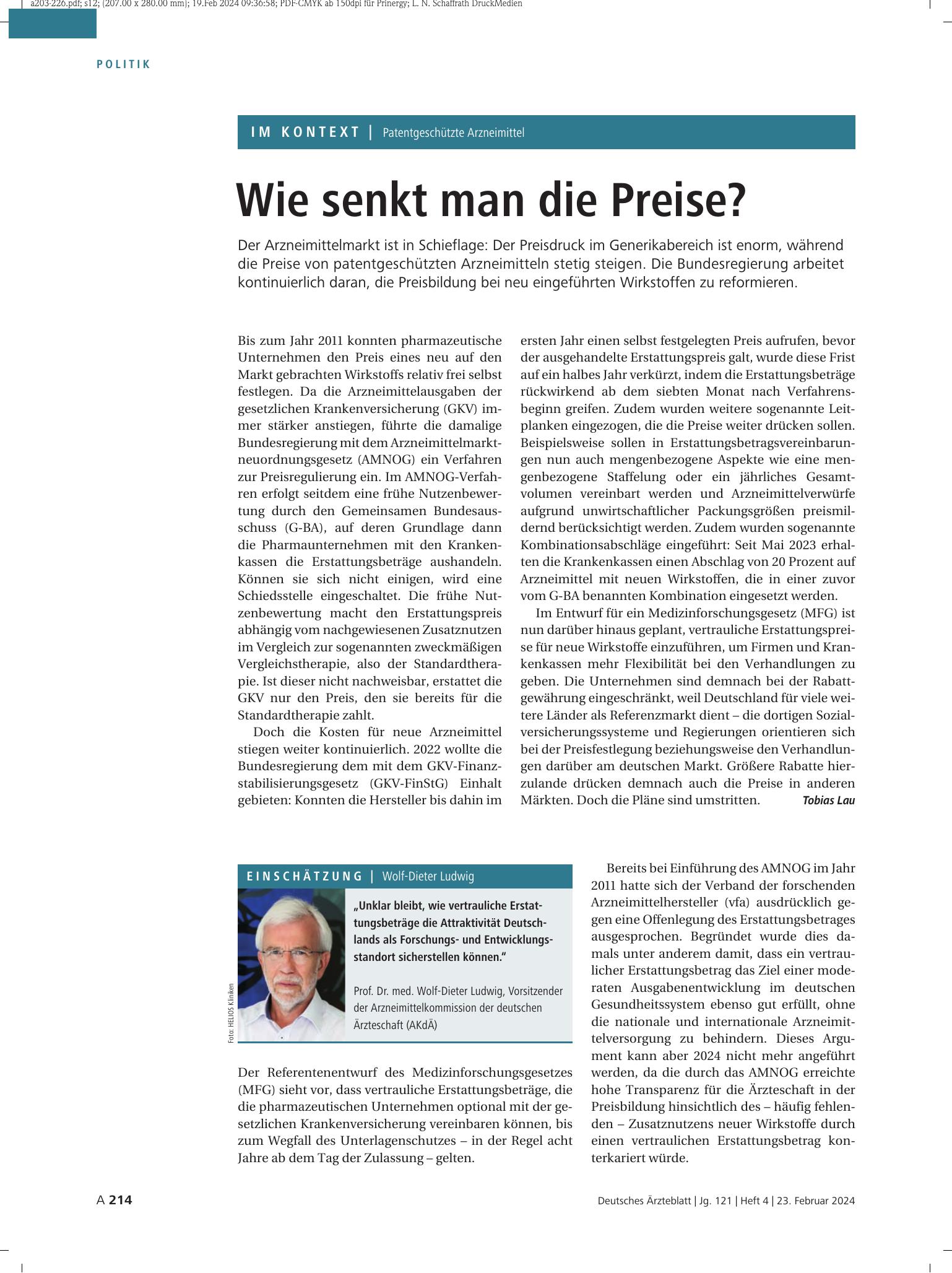 Vorschauseite 1: Patentgeschützte Arzneimittel: Wie senkt man die Preise? – Deutsches Ärzteblatt