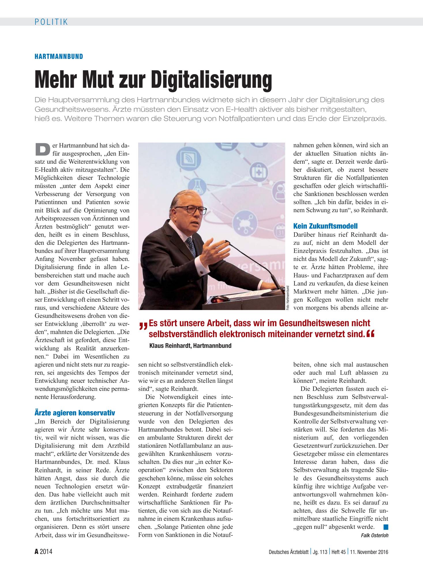 Vorschauseite 1: Hartmannbund: Mehr Mut zur Digitalisierung – Deutsches Ärzteblatt