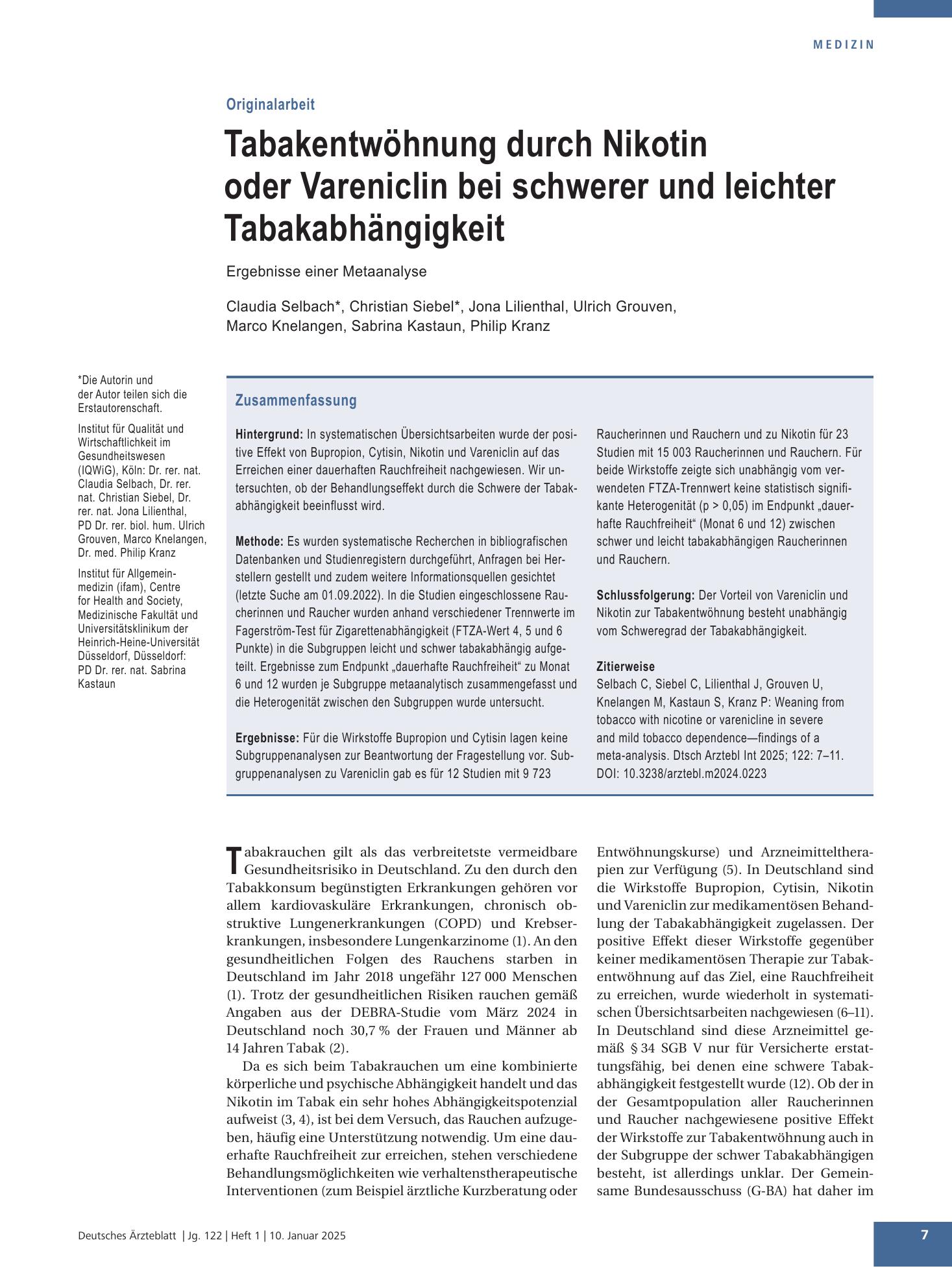 Vorschauseite 1: Tabakentwöhnung durch Nikotin oder Vareniclin bei schwerer und leichter Tabakabhängigkeit – Deutsches Ärzteblatt