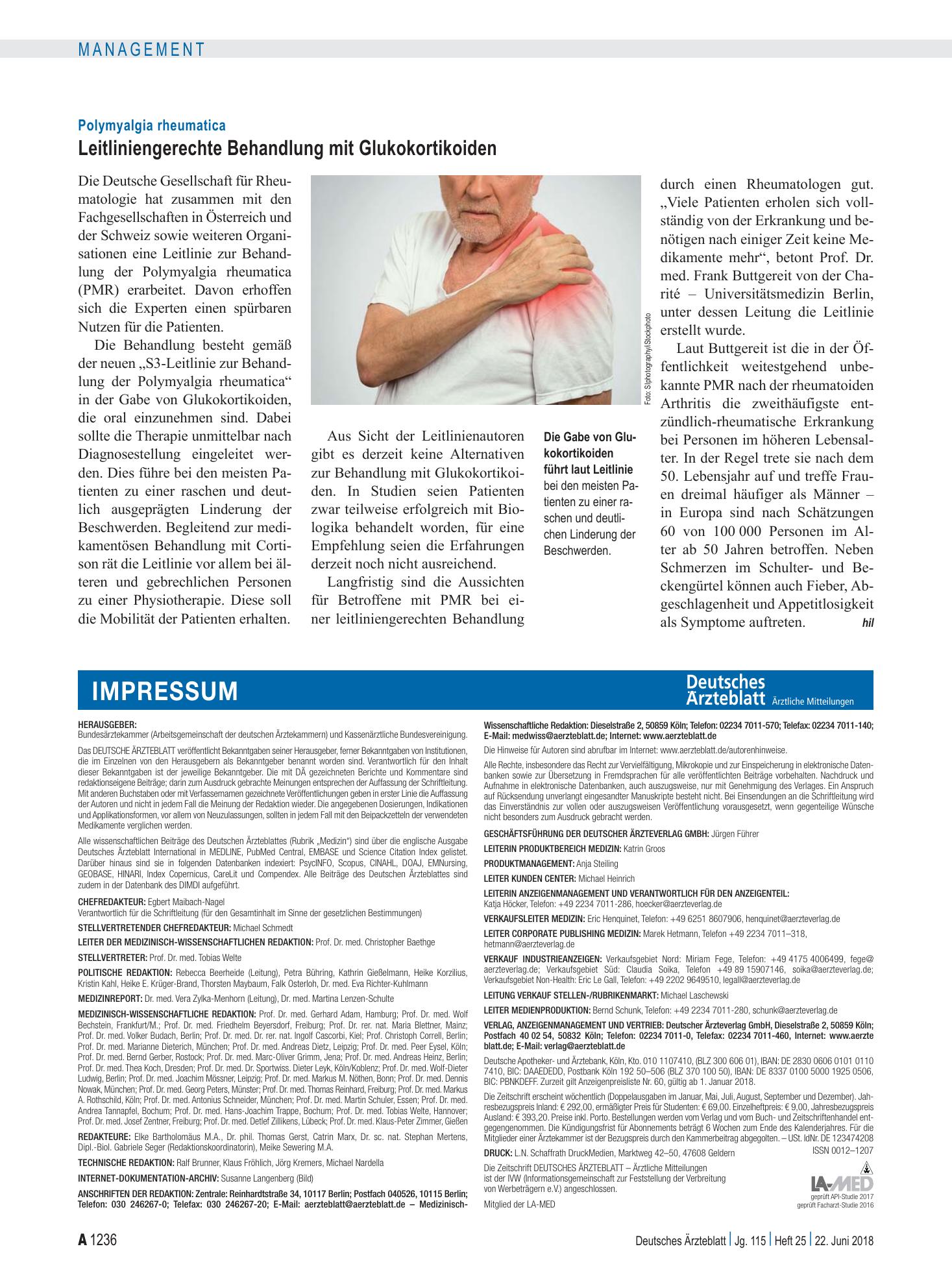 Vorschauseite 1: Polymyalgia rheumatica: Leitliniengerechte Behandlung mit Glukokortikoiden – Deutsches Ärzteblatt