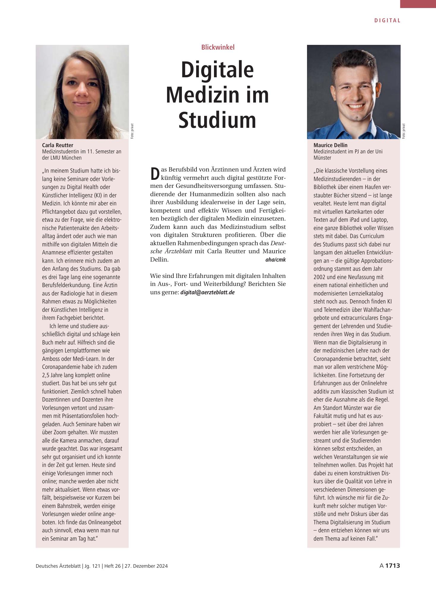 Vorschauseite 1: Blickwinkel: Digitale Medizin im Studium – Deutsches Ärzteblatt