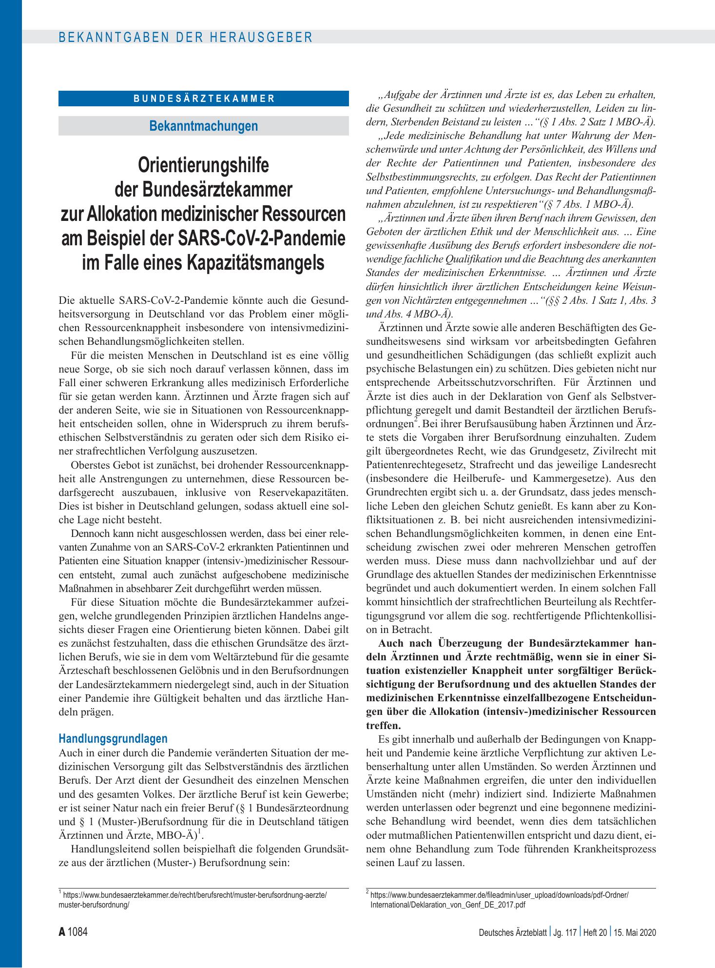 Vorschauseite 1: Orientierungshilfe der Bundesärztekammer zur Allokation medizinischer Ressourcen am Beispiel der SARS-CoV-2-Pandemie im Falle eines Kapazitätsmangels – Deutsches Ärzteblatt