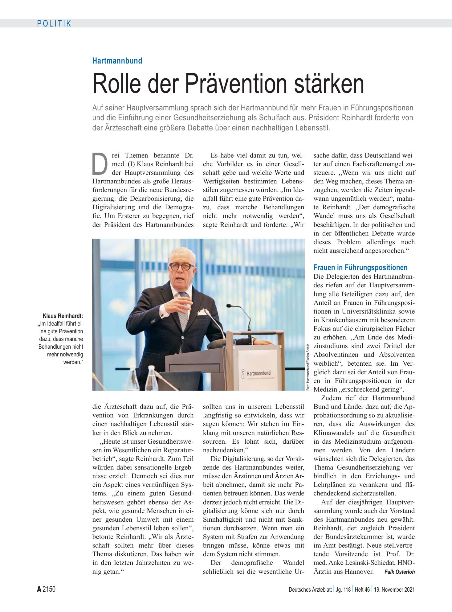 Vorschauseite 1: Hartmannbund: Rolle der Prävention stärken – Deutsches Ärzteblatt