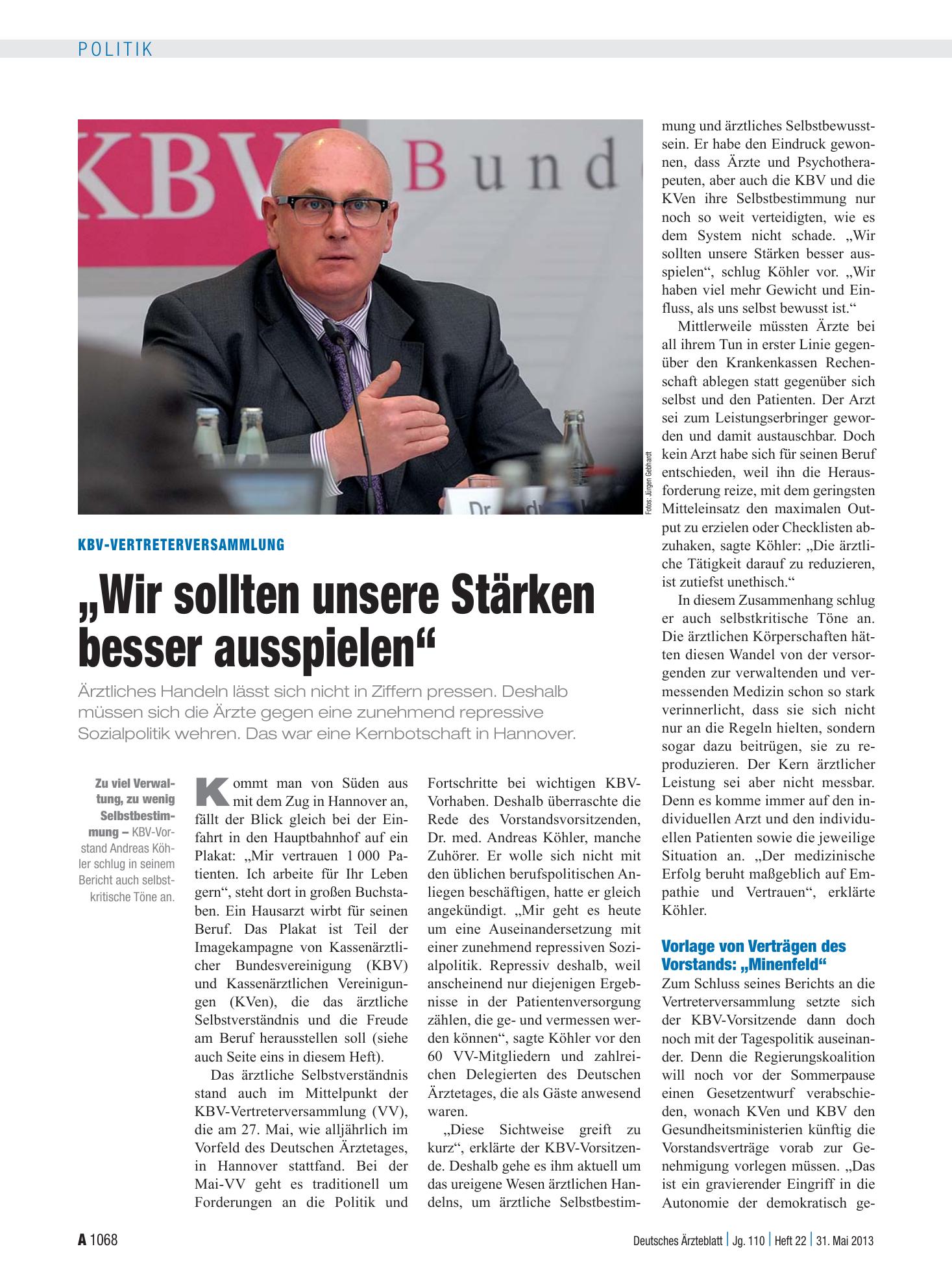 Vorschauseite 1: KBV-Vertreterversammlung: „Wir sollten unsere Stärken besser ausspielen“ – Deutsches Ärzteblatt