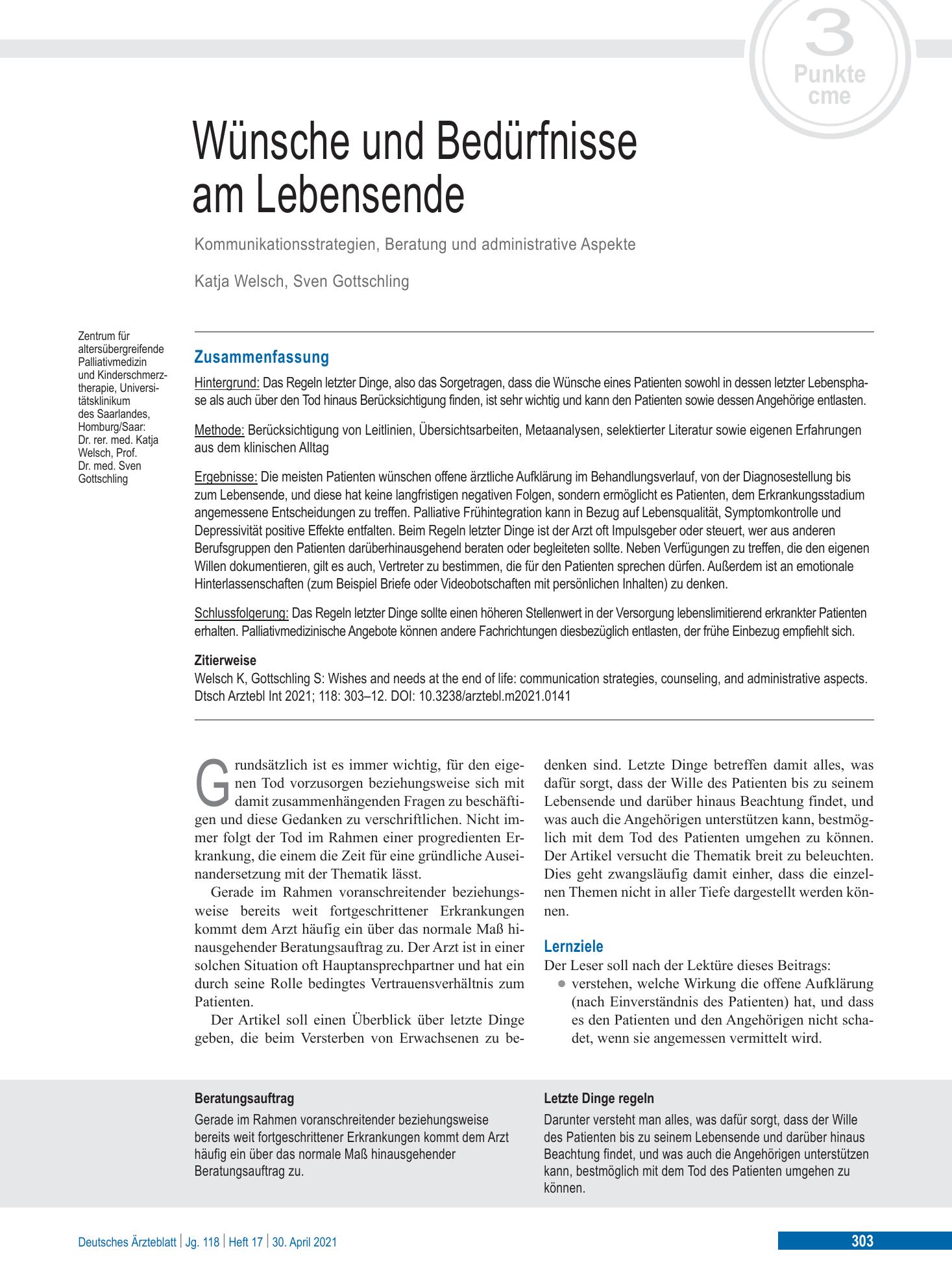 Vorschauseite 1: Wünsche und Bedürfnisse am Lebensende – Deutsches Ärzteblatt
