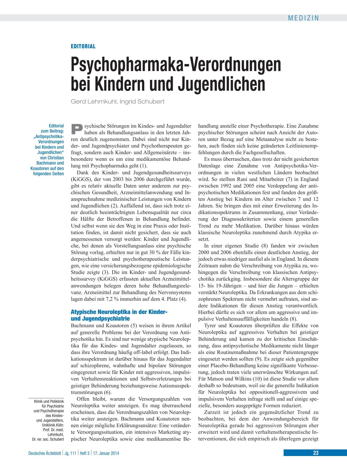 Vorschauseite 1: Antipsychotika-Verordnungen bei Kindern und Jugendlichen – Deutsches Ärzteblatt
