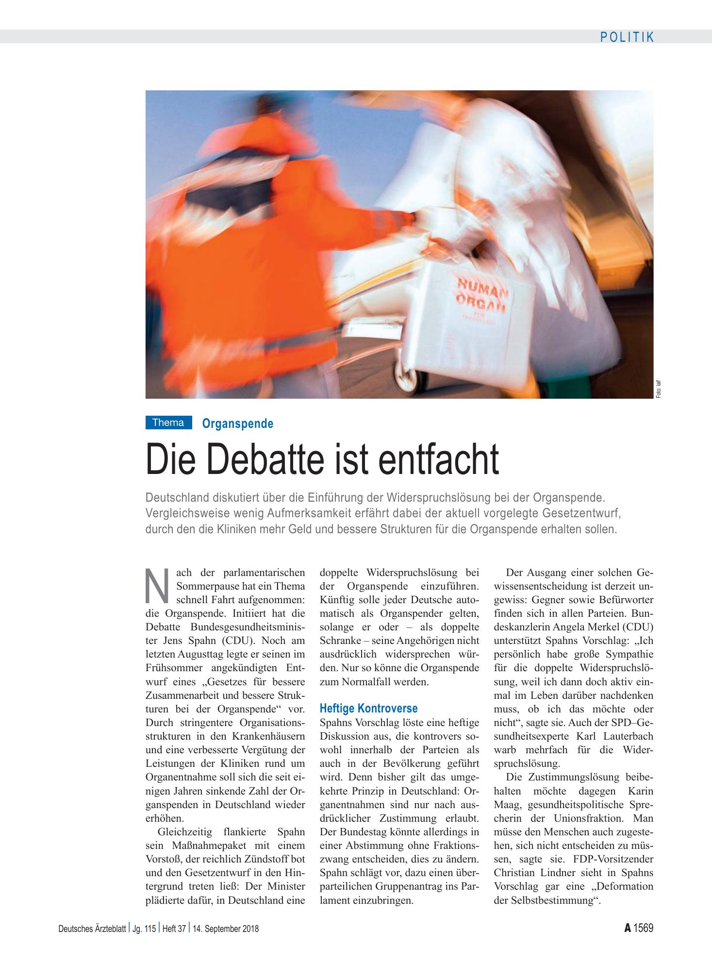 Vorschauseite 1: Organspende: Die Debatte ist entfacht – Deutsches Ärzteblatt