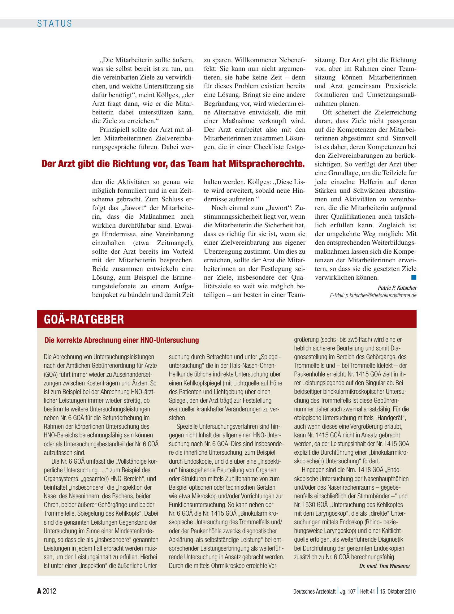Vorschauseite 1: Die korrekte Abrechnung einer HNO-Untersuchung – Deutsches Ärzteblatt