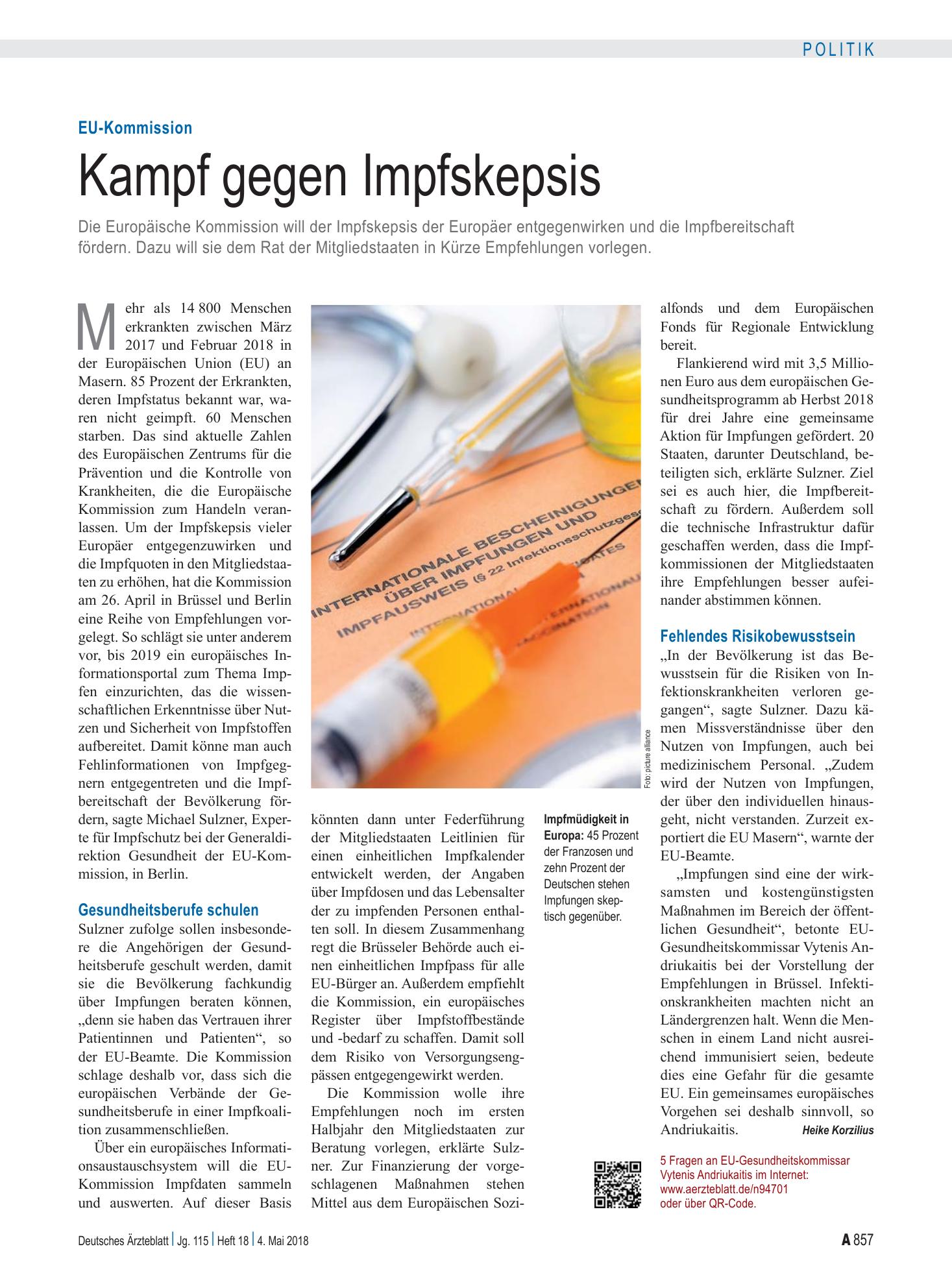 Vorschauseite 1: EU-Kommission: Kampf gegen Impfskepsis – Deutsches Ärzteblatt