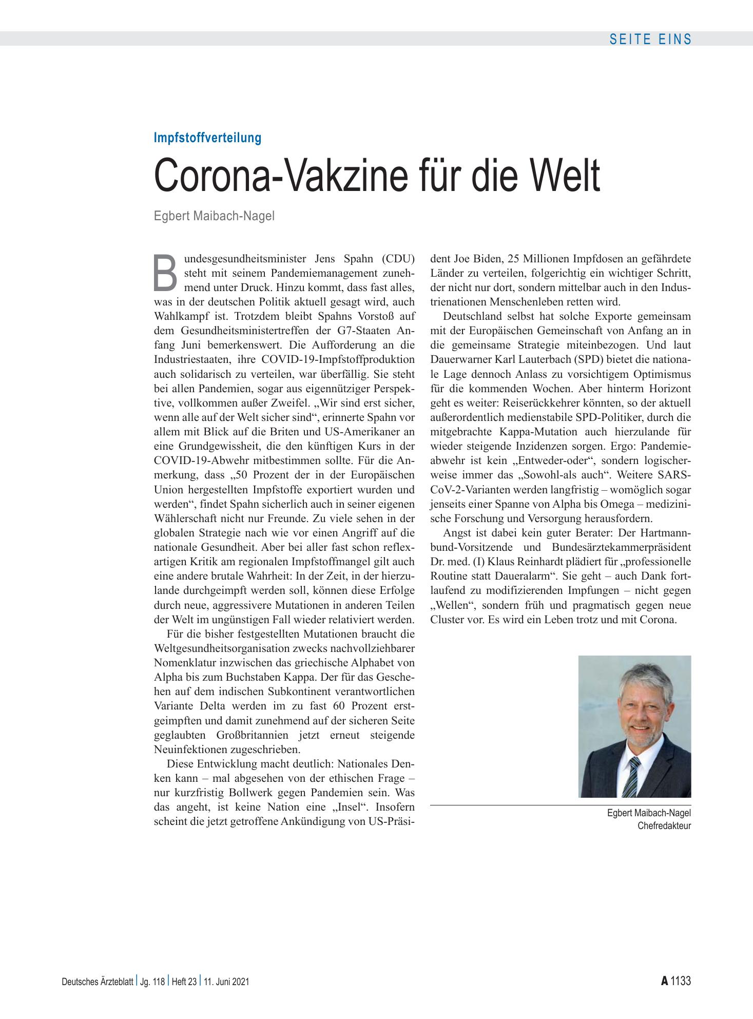 Vorschauseite 1: Impfstoffverteilung: Corona-Vakzine für die Welt – Deutsches Ärzteblatt