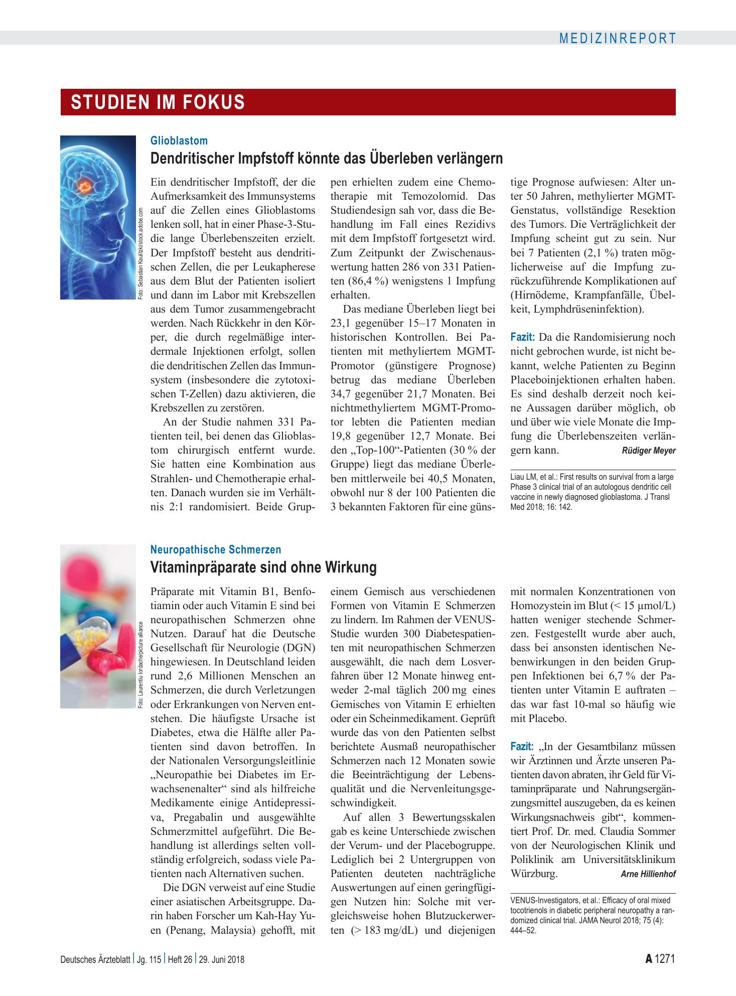 Vorschauseite 1: Glioblastom: Dendritischer Impfstoff könnte das Überleben verlängern – Deutsches Ärzteblatt