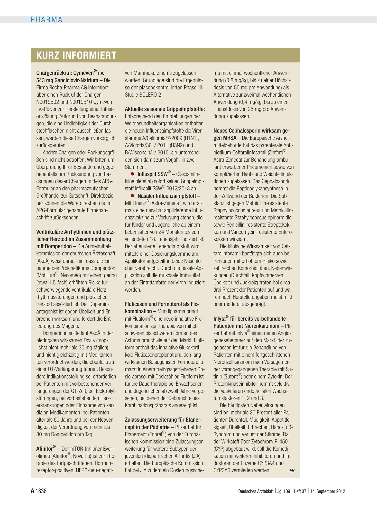 Vorschauseite 1: Kurz informiert – Deutsches Ärzteblatt