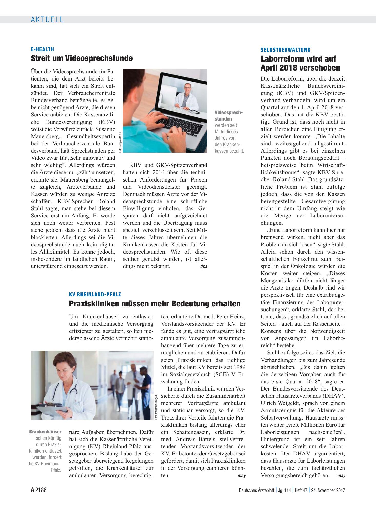 Vorschauseite 1: Selbstverwaltung: Laborreform wird auf April 2018 verschoben – Deutsches Ärzteblatt