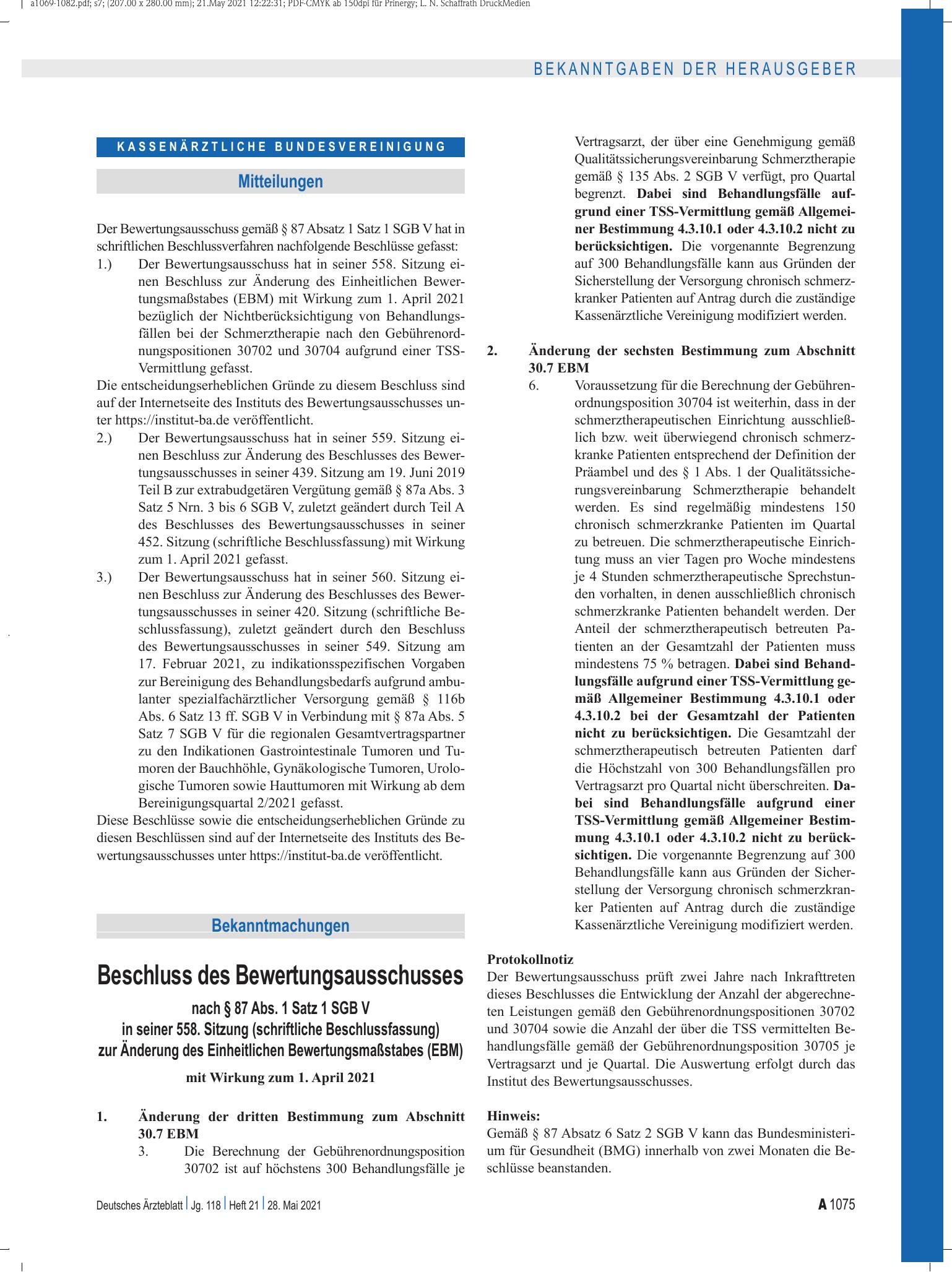 Vorschauseite 1: Beschluss des Bewertungsausschusses nach § 87 Abs. 1 Satz 1 SGB V in seiner 558. Sitzung (schriftliche Beschlussfassung) zur Änderung des Einheitlichen Bewertungsmaßstabes (EBM) –…