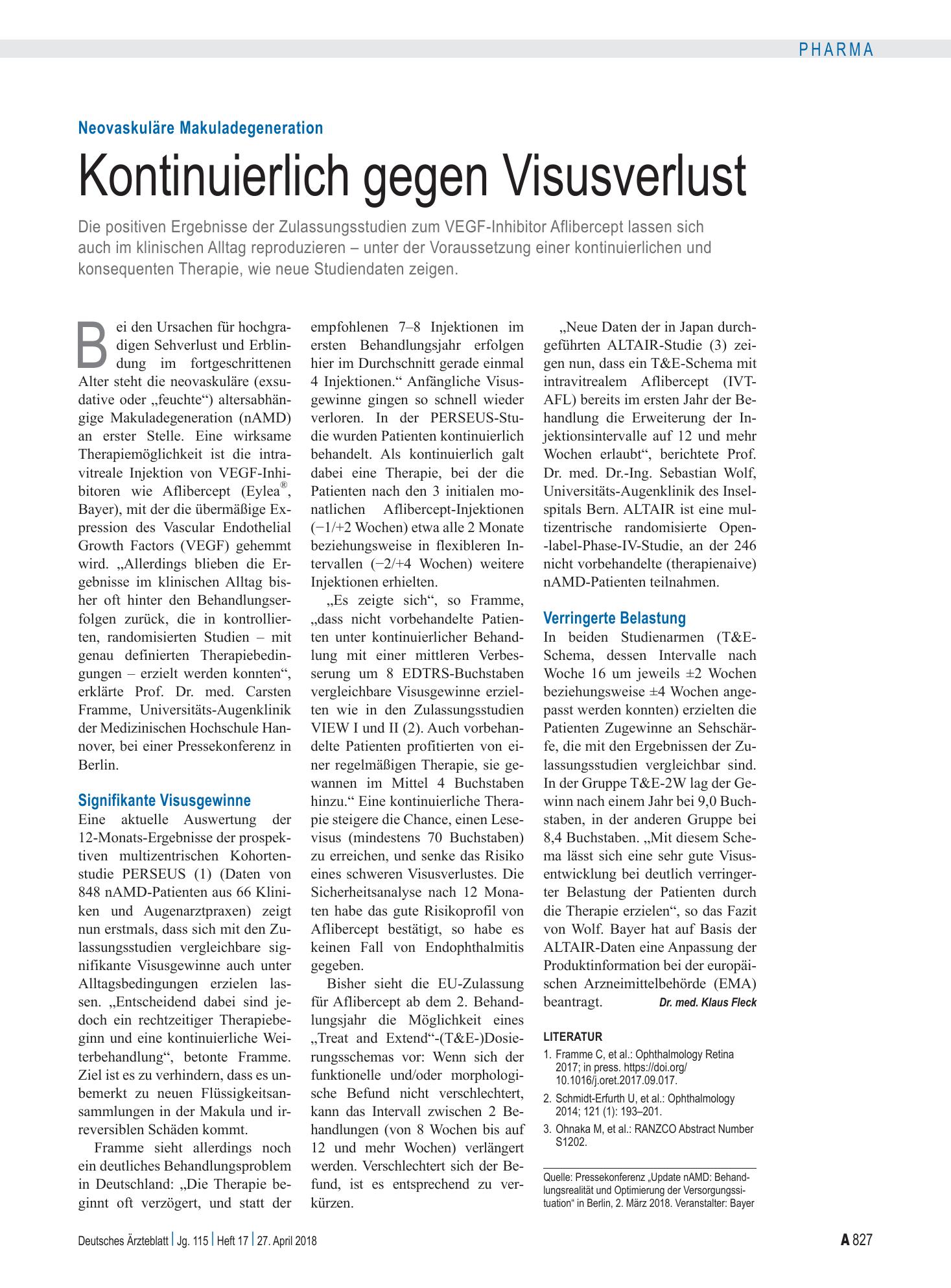 Vorschauseite 1: Neovaskuläre Makuladegeneration: Kontinuierlich gegen Visusverlust – Deutsches Ärzteblatt