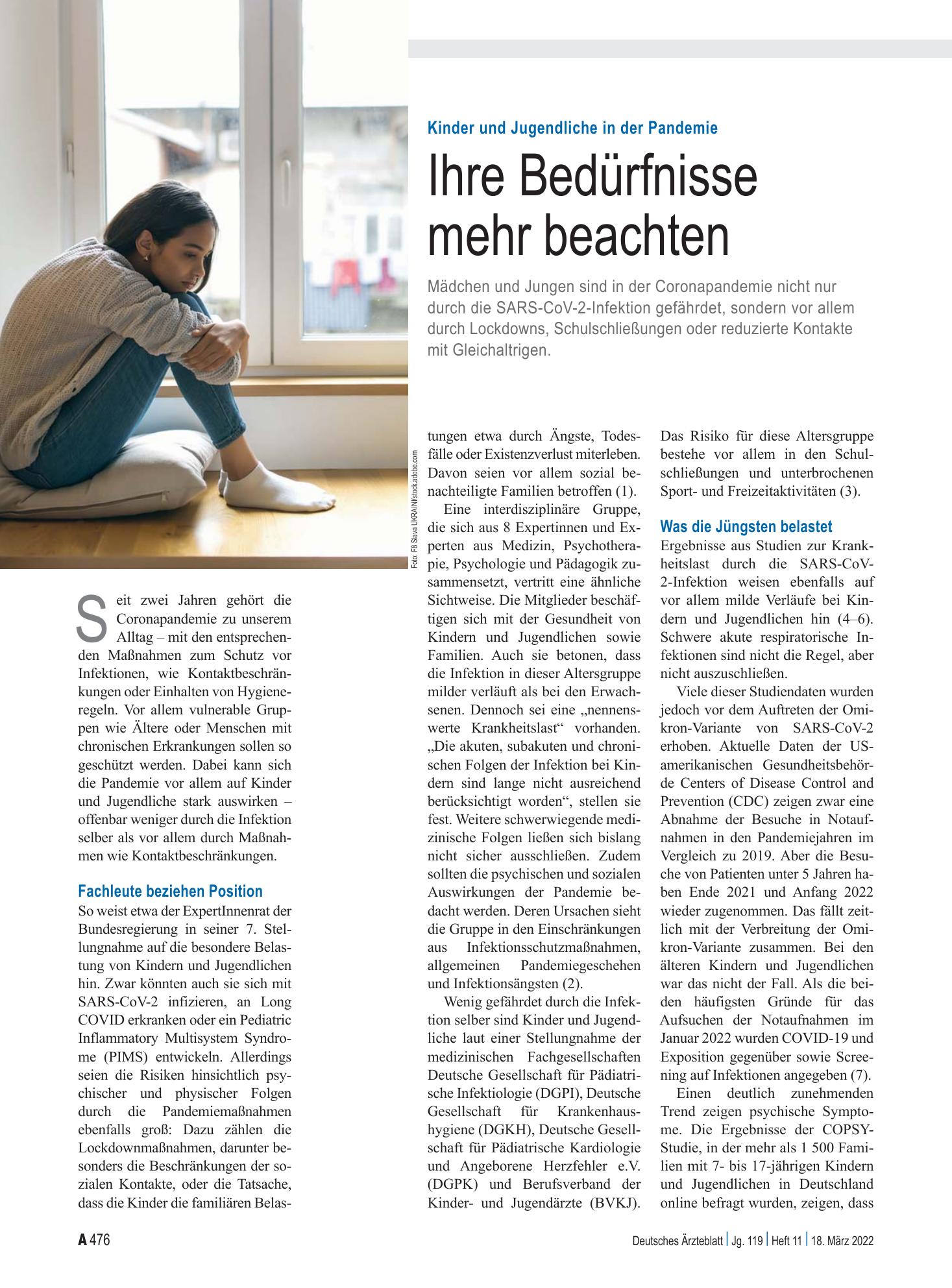 Vorschauseite 1: Kinder und Jugendliche in der Pandemie: Ihre Bedürfnisse mehr beachten – Deutsches Ärzteblatt