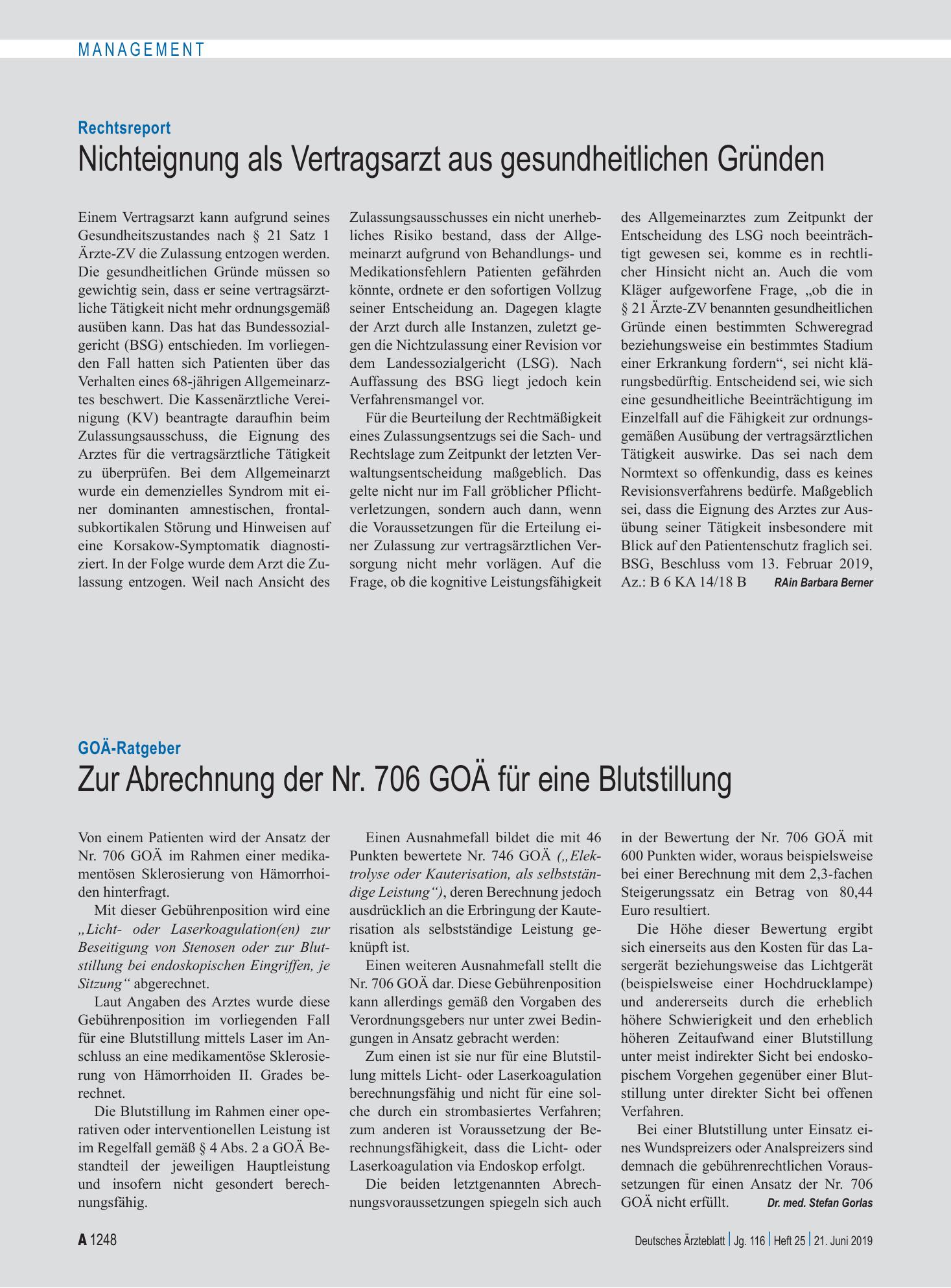 Vorschauseite 1: GOÄ-Ratgeber: Zur Abrechnung der Nr. 706 GOÄ für eine Blutstillung – Deutsches Ärzteblatt