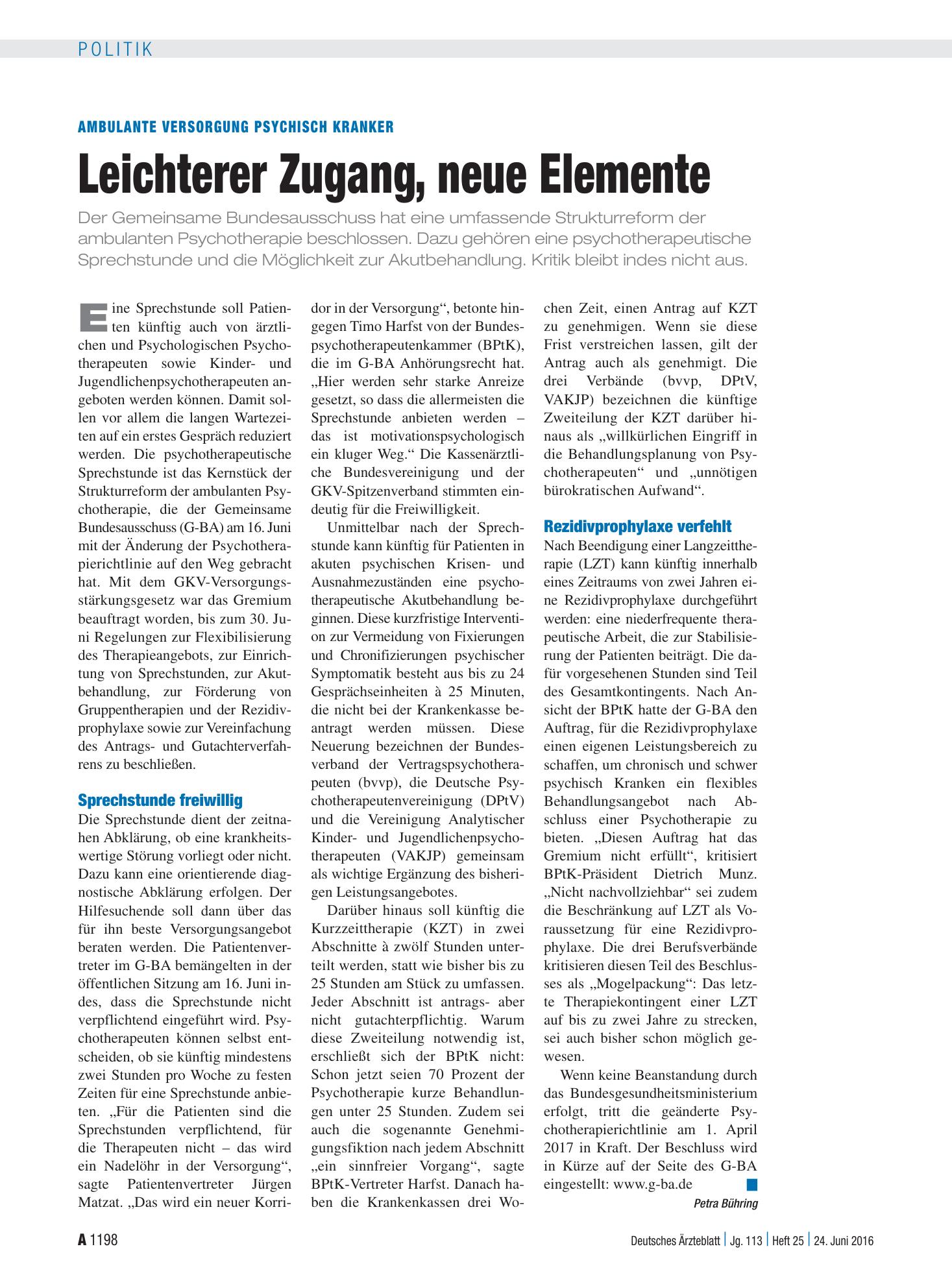 Vorschauseite 1: Ambulante Versorgung psychisch Kranker: Leichterer Zugang, neue Elemente – Deutsches Ärzteblatt