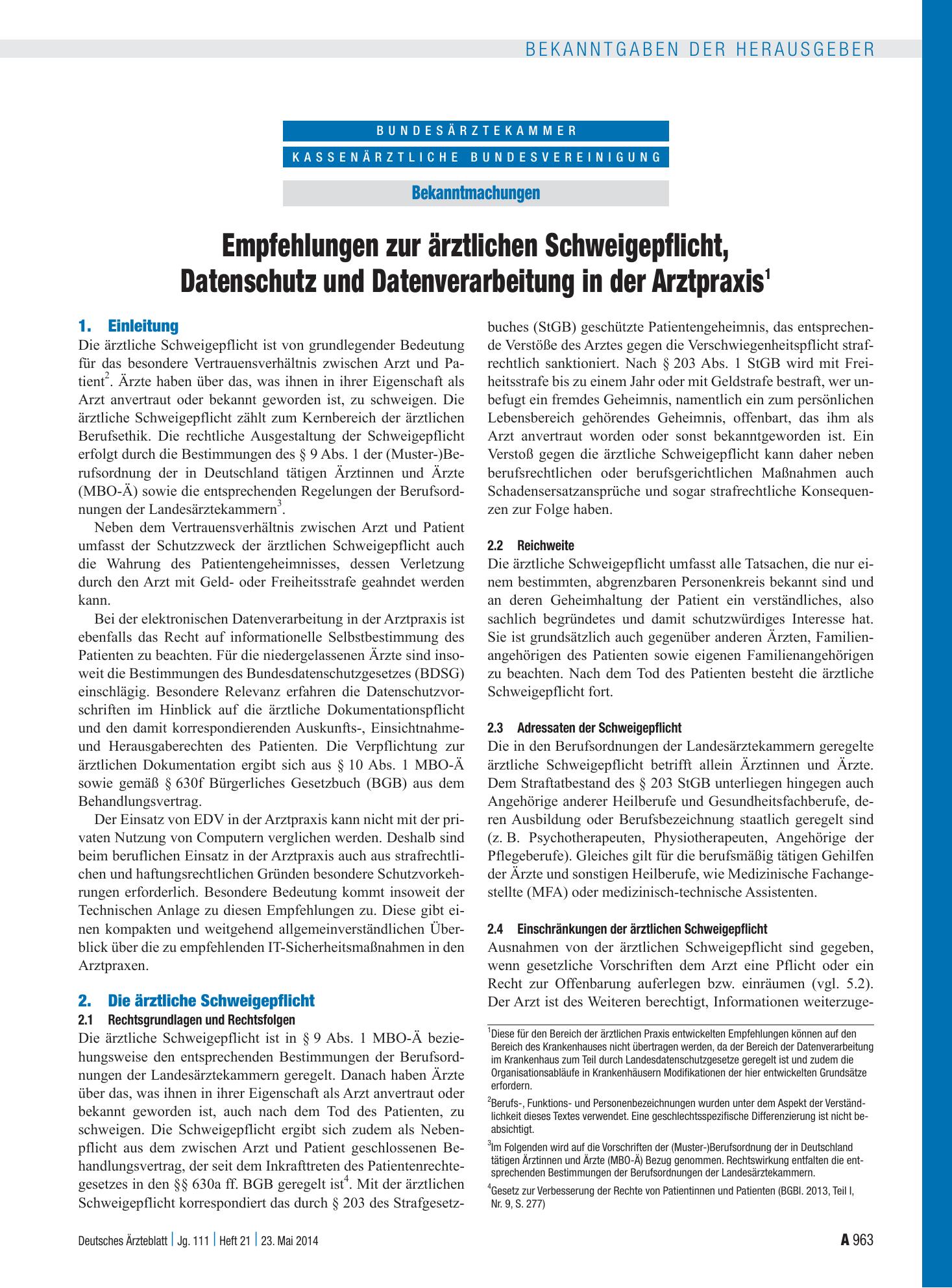 Vorschauseite 1: Empfehlungen zur ärztlichen Schweigepflicht, Datenschutz und Datenverarbeitung in der Arztpraxis 1 – Deutsches Ärzteblatt