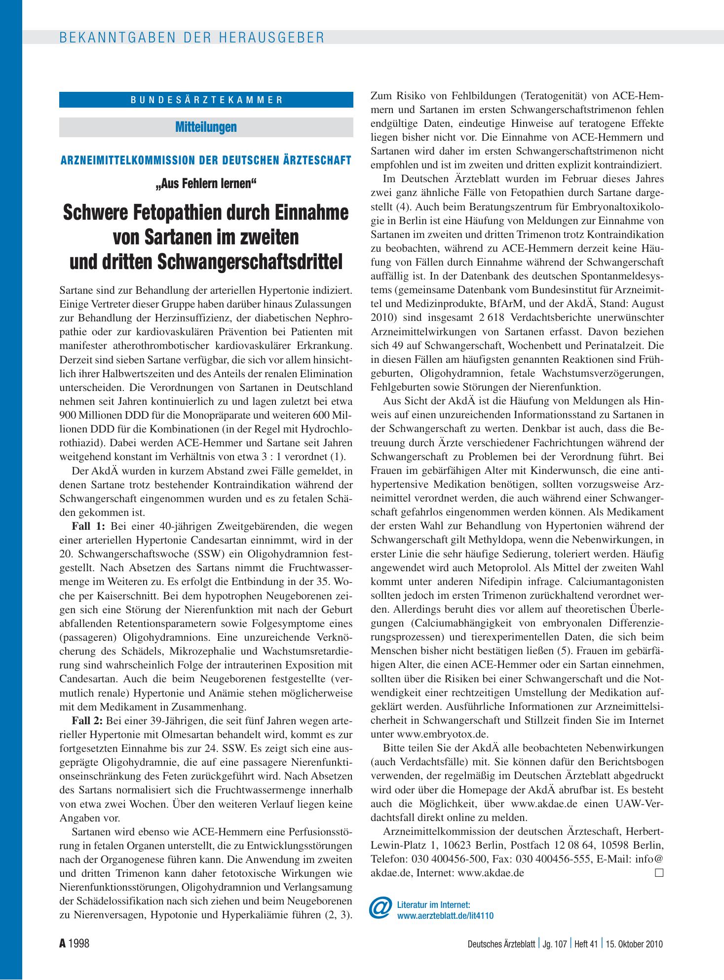 Vorschauseite 1: Arzneimittelkommission der deutschen Ärzteschaft: „Aus Fehlern lernen“ Schwere Fetopathien durch Einnahme von Sartanen im zweiten und dritten Schwangerschaftsdrittel – Deutsches Ä…