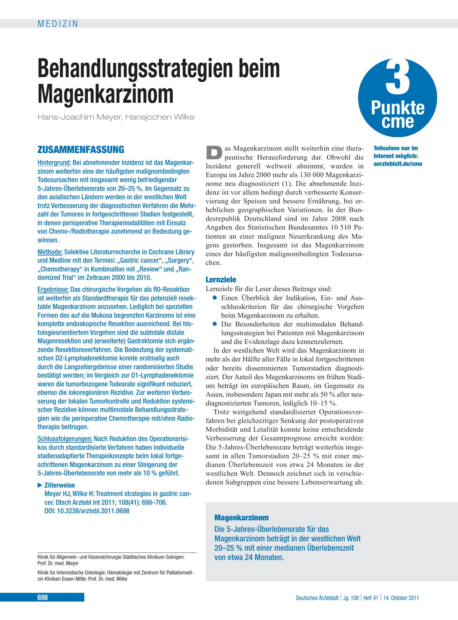 Vorschauseite 1: Behandlungsstrategien beim Magenkarzinom – Deutsches Ärzteblatt