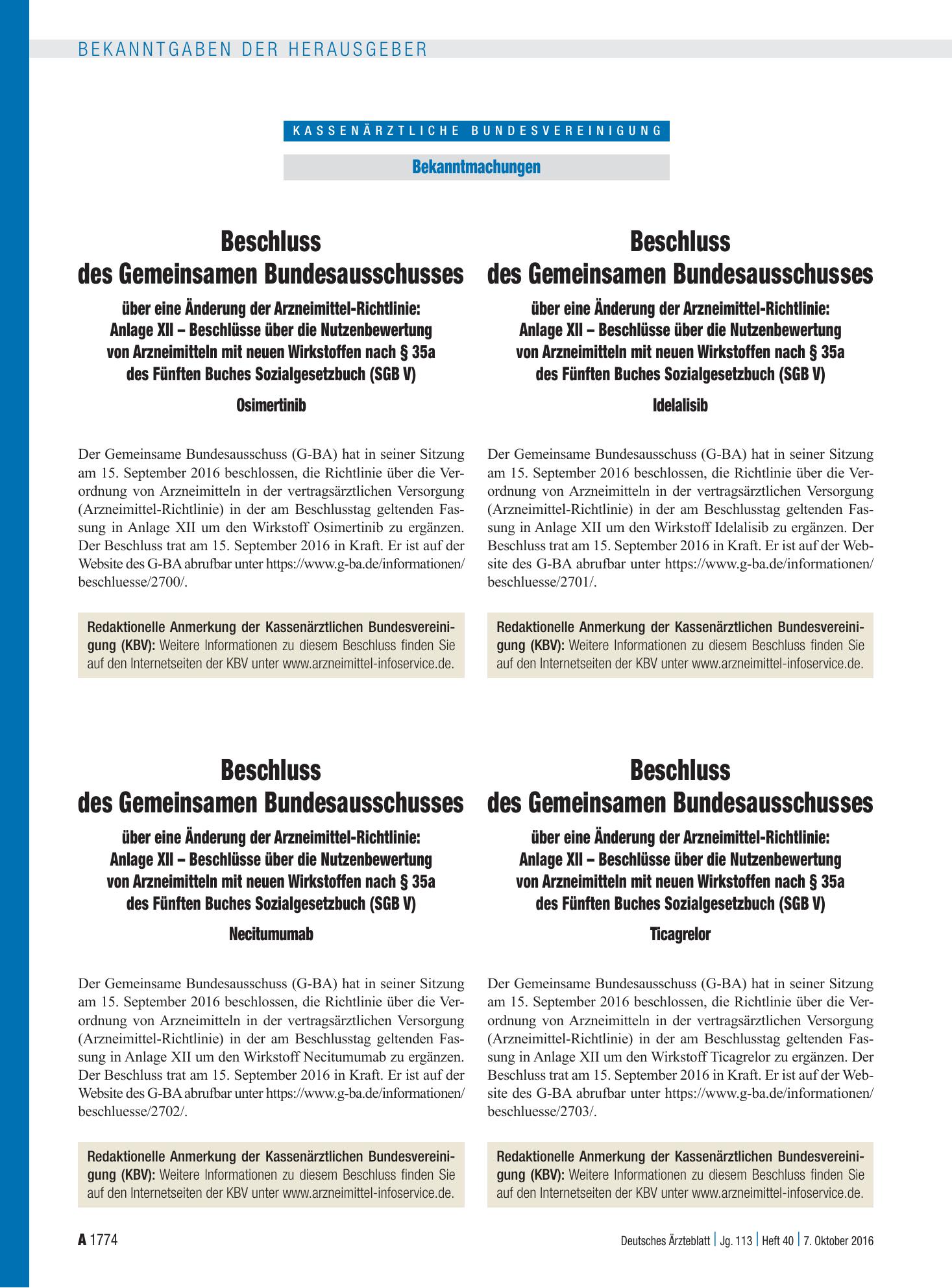 Vorschauseite 1: Beschluss des Gemeinsamen Bundesausschusses über eine Änderung der Arzneimittel-Richtlinie: Anlage XII – Beschlüsse über die Nutzenbewertung von Arzneimitteln mit neuen Wirkstoffe…