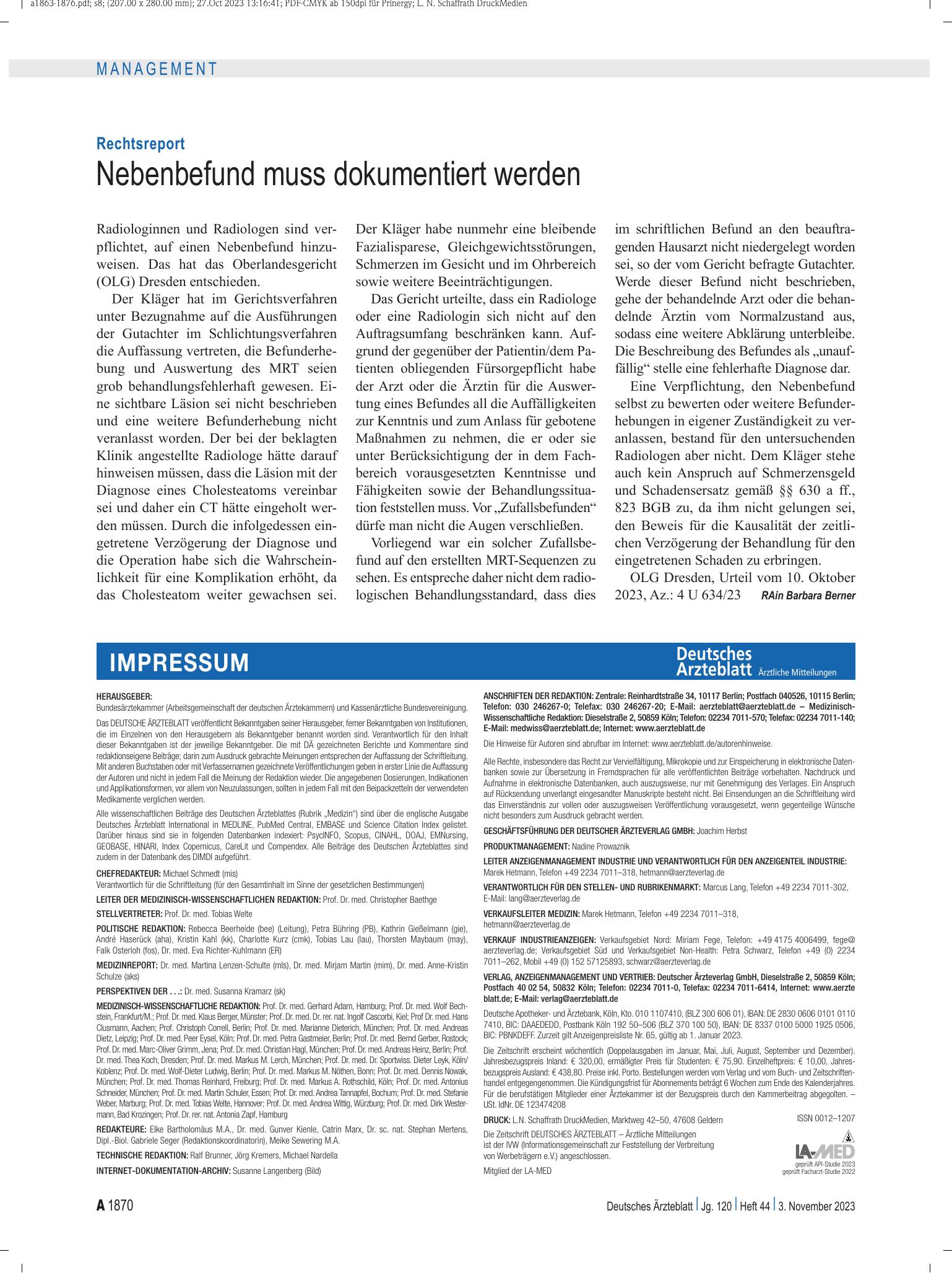 Vorschauseite 1: Rechtsreport: Nebenbefund muss dokumentiert werden – Deutsches Ärzteblatt
