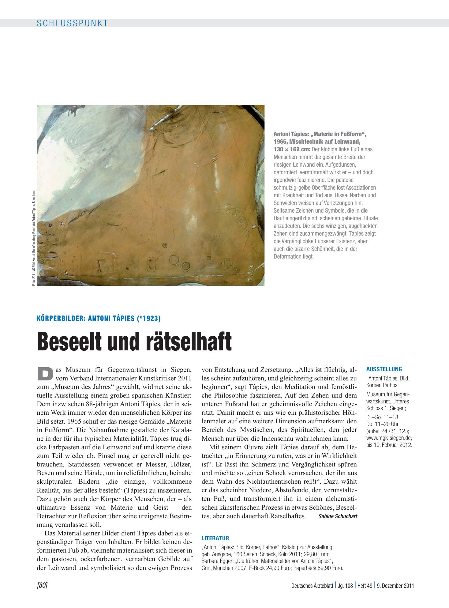 Vorschauseite 1: Körperbilder: Antoni Tàpies (*1923) – Beseelt und rätselhaft – Deutsches Ärzteblatt