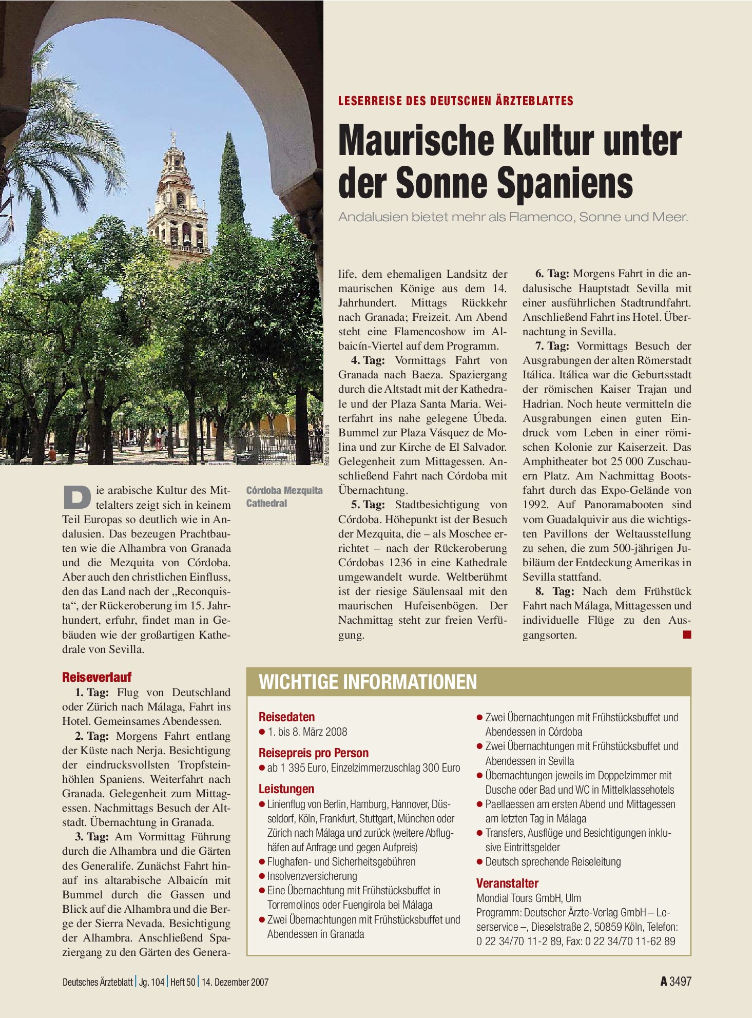 Vorschauseite 1: Leserreise des Deutschen Ärzteblattes: Maurische Kultur unter der Sonne Spaniens – Deutsches Ärzteblatt