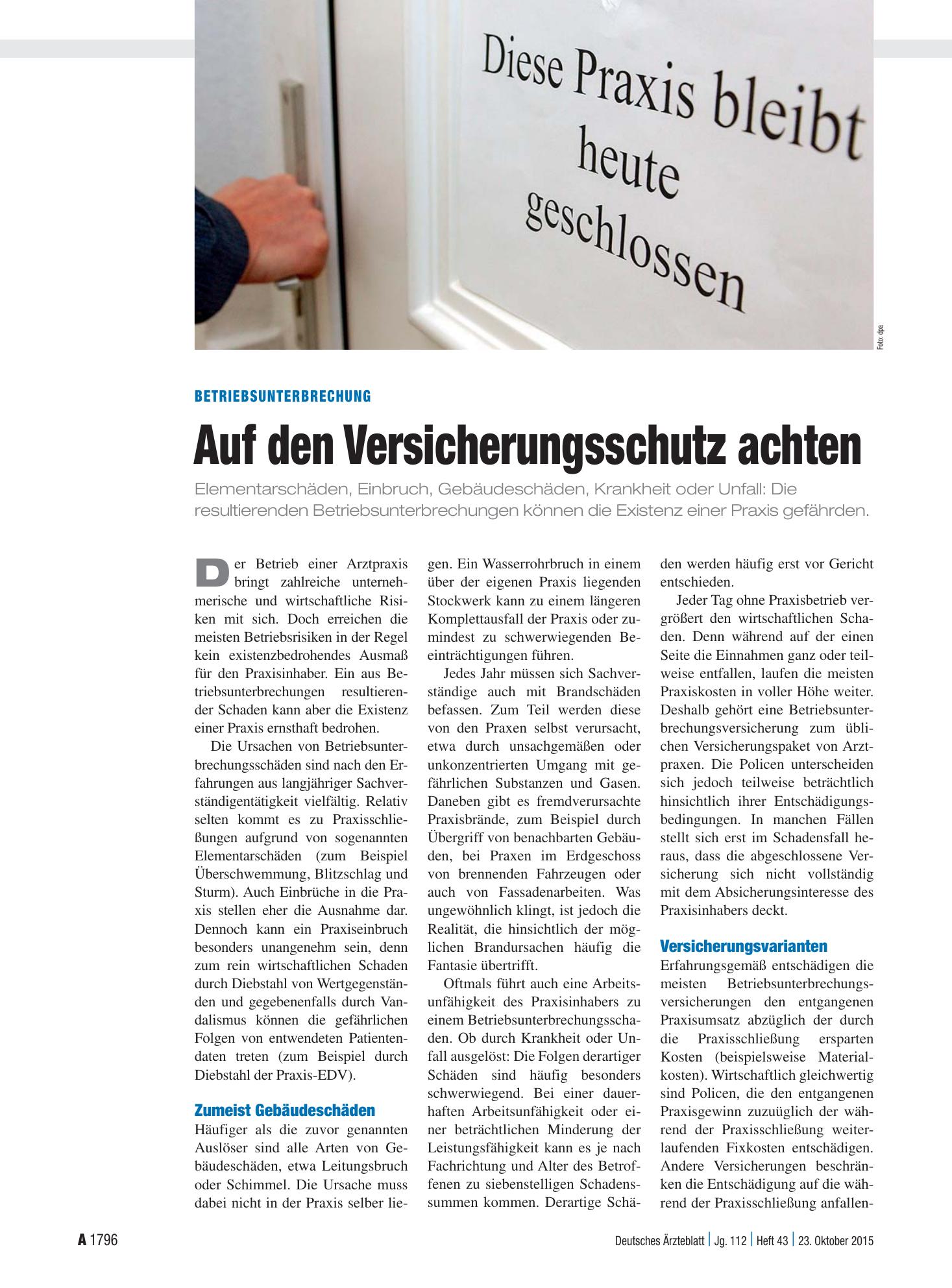 Vorschauseite 1: Betriebsunterbrechung: Auf den Versicherungsschutz achten – Deutsches Ärzteblatt