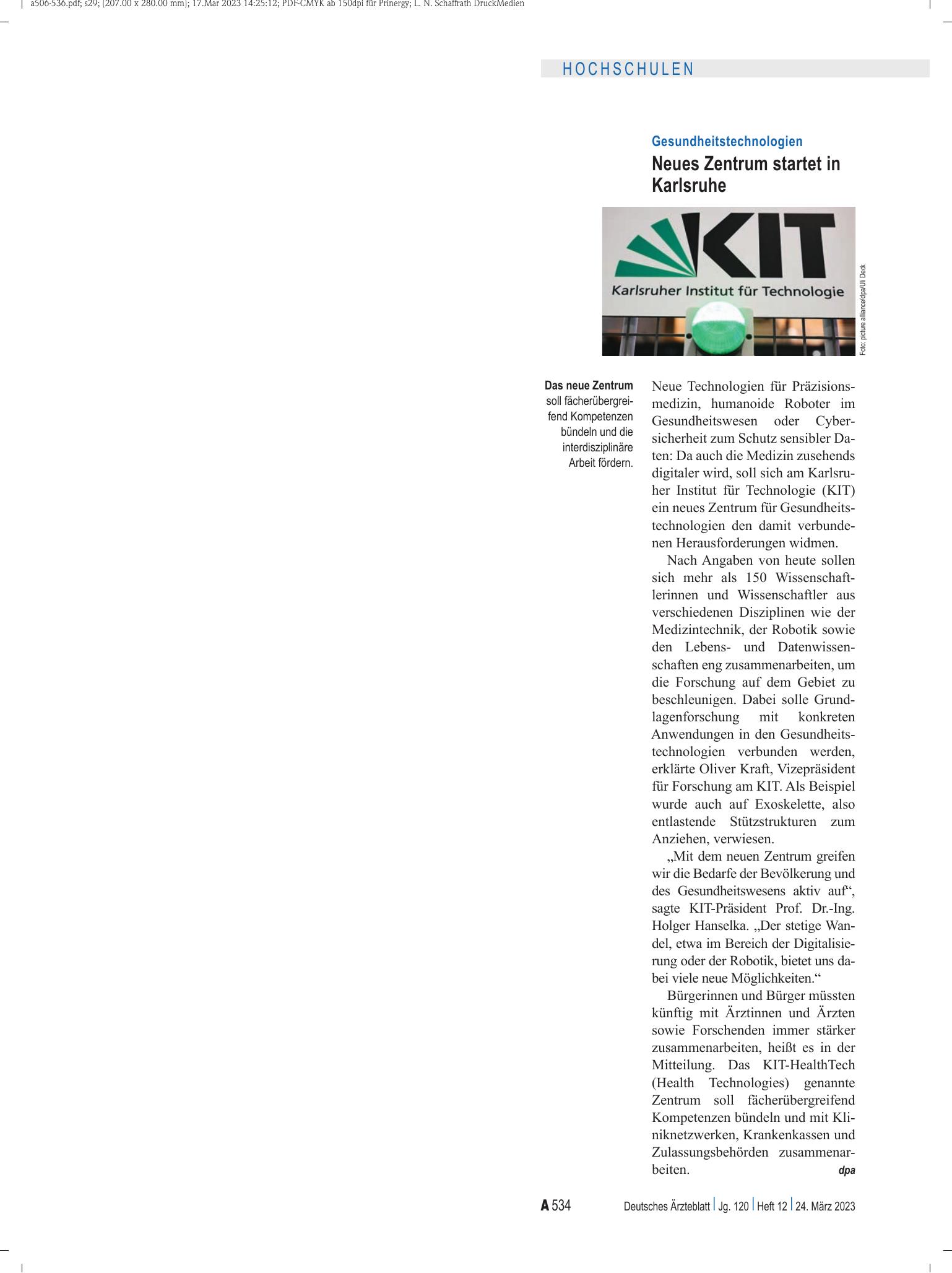 Vorschauseite 1: Gesundheitstechnologien: Neues Zentrum startet in Karlsruhe – Deutsches Ärzteblatt